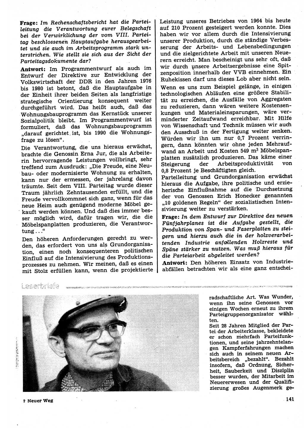 Neuer Weg (NW), Organ des Zentralkomitees (ZK) der SED (Sozialistische Einheitspartei Deutschlands) für Fragen des Parteilebens, 31. Jahrgang [Deutsche Demokratische Republik (DDR)] 1976, Seite 141 (NW ZK SED DDR 1976, S. 141)