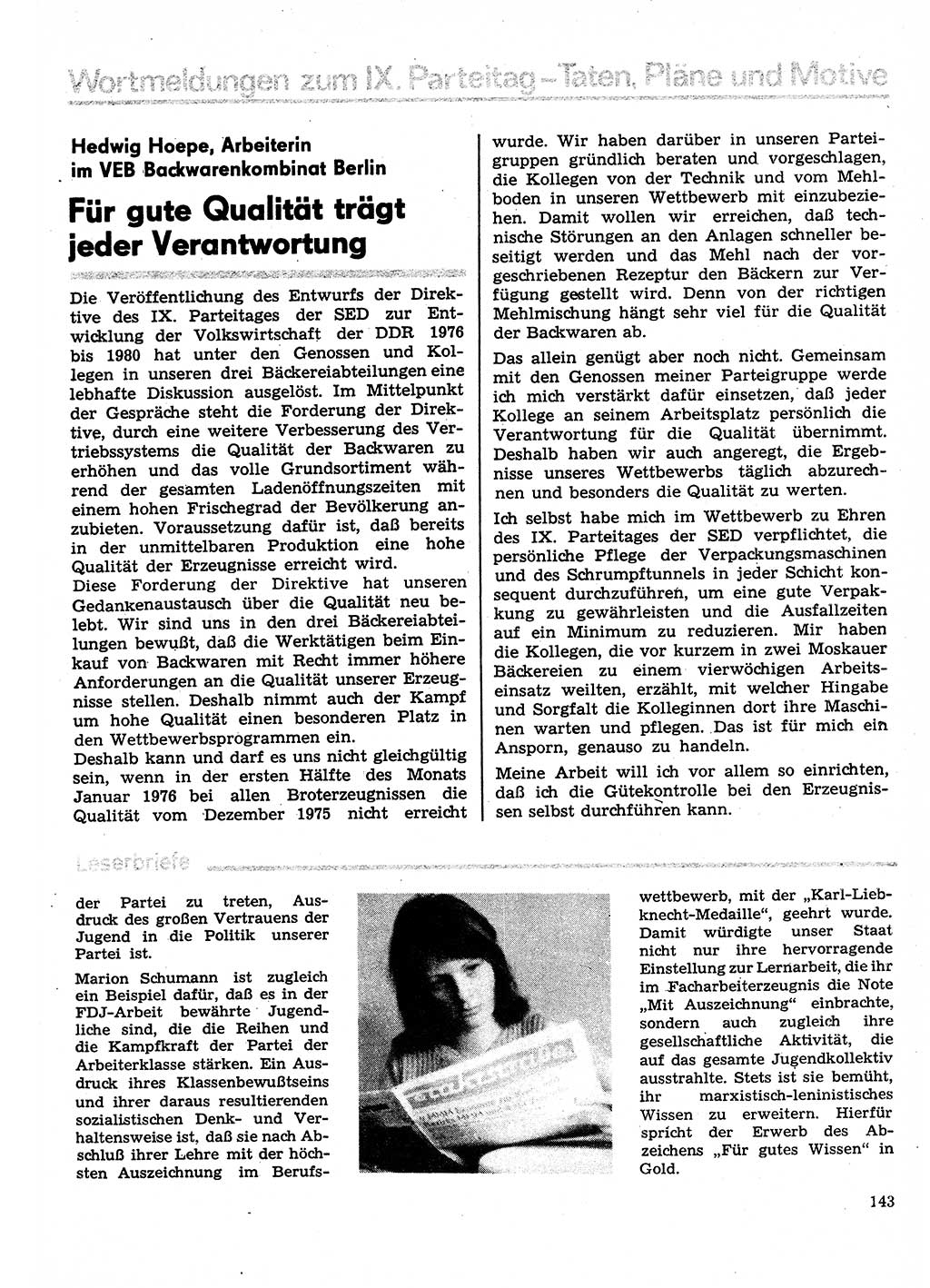 Neuer Weg (NW), Organ des Zentralkomitees (ZK) der SED (Sozialistische Einheitspartei Deutschlands) für Fragen des Parteilebens, 31. Jahrgang [Deutsche Demokratische Republik (DDR)] 1976, Seite 143 (NW ZK SED DDR 1976, S. 143)