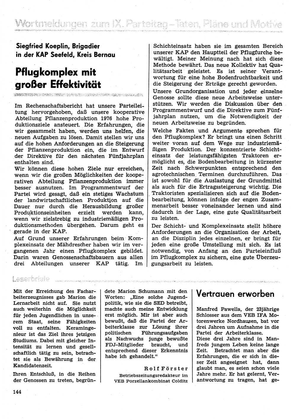 Neuer Weg (NW), Organ des Zentralkomitees (ZK) der SED (Sozialistische Einheitspartei Deutschlands) für Fragen des Parteilebens, 31. Jahrgang [Deutsche Demokratische Republik (DDR)] 1976, Seite 144 (NW ZK SED DDR 1976, S. 144)