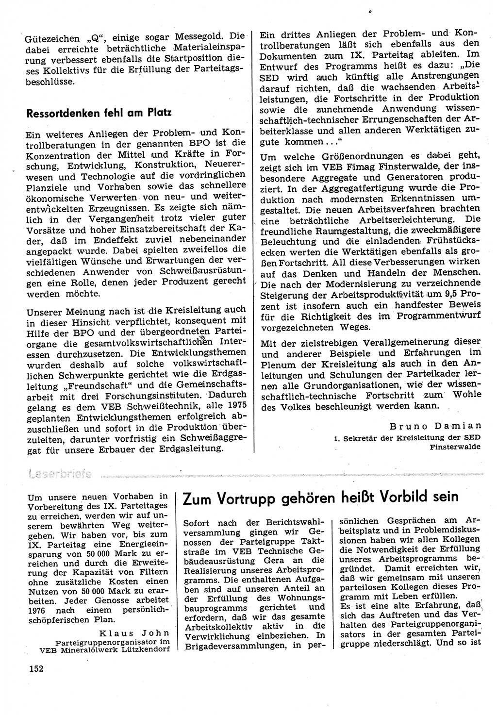 Neuer Weg (NW), Organ des Zentralkomitees (ZK) der SED (Sozialistische Einheitspartei Deutschlands) für Fragen des Parteilebens, 31. Jahrgang [Deutsche Demokratische Republik (DDR)] 1976, Seite 152 (NW ZK SED DDR 1976, S. 152)