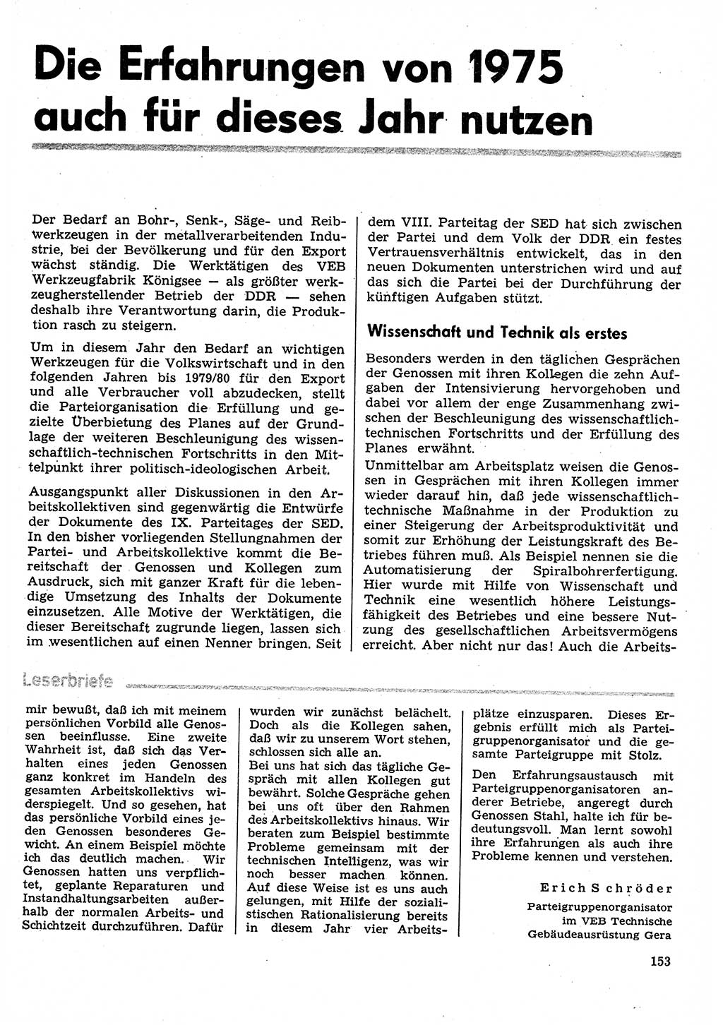 Neuer Weg (NW), Organ des Zentralkomitees (ZK) der SED (Sozialistische Einheitspartei Deutschlands) für Fragen des Parteilebens, 31. Jahrgang [Deutsche Demokratische Republik (DDR)] 1976, Seite 153 (NW ZK SED DDR 1976, S. 153)
