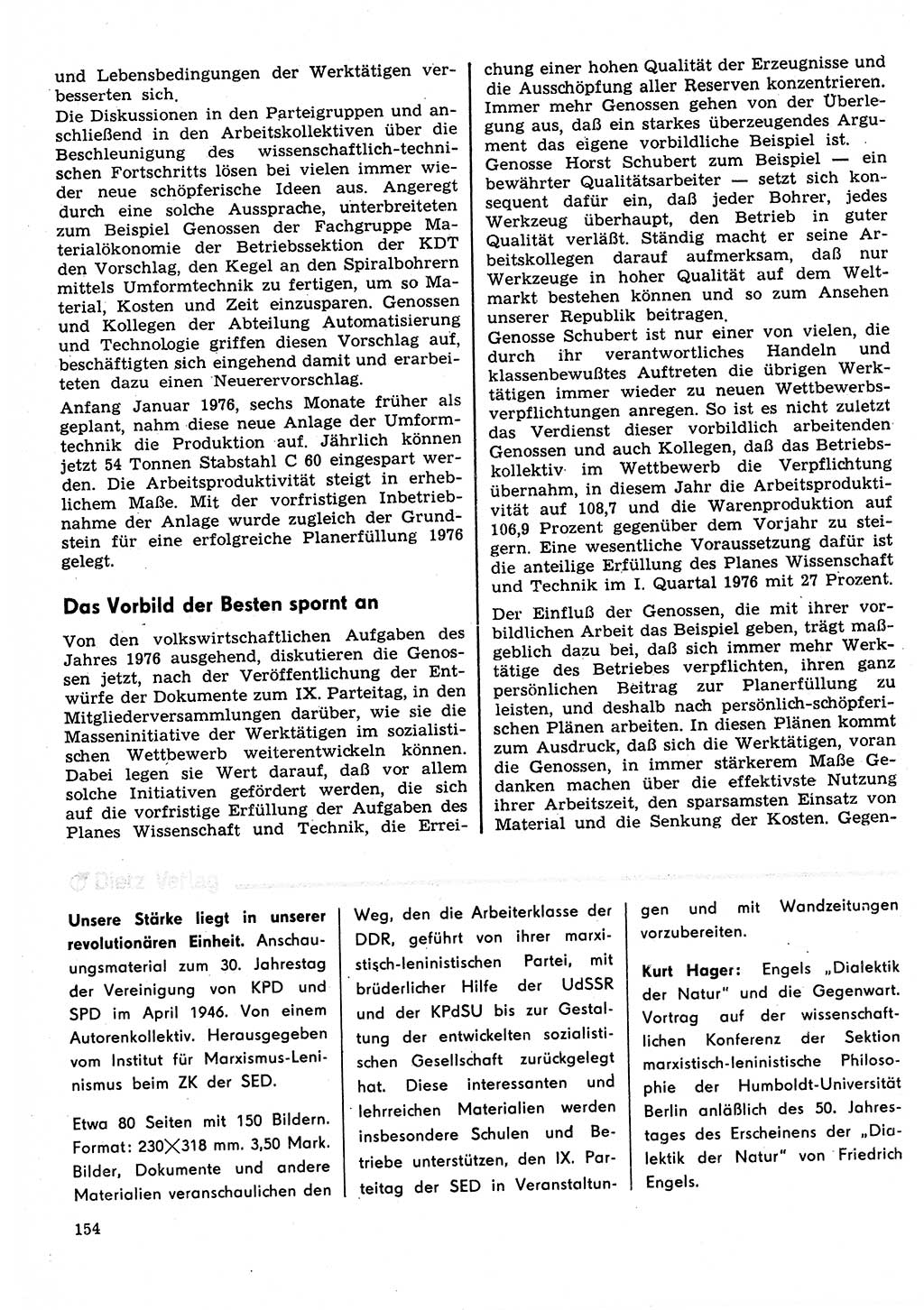 Neuer Weg (NW), Organ des Zentralkomitees (ZK) der SED (Sozialistische Einheitspartei Deutschlands) für Fragen des Parteilebens, 31. Jahrgang [Deutsche Demokratische Republik (DDR)] 1976, Seite 154 (NW ZK SED DDR 1976, S. 154)