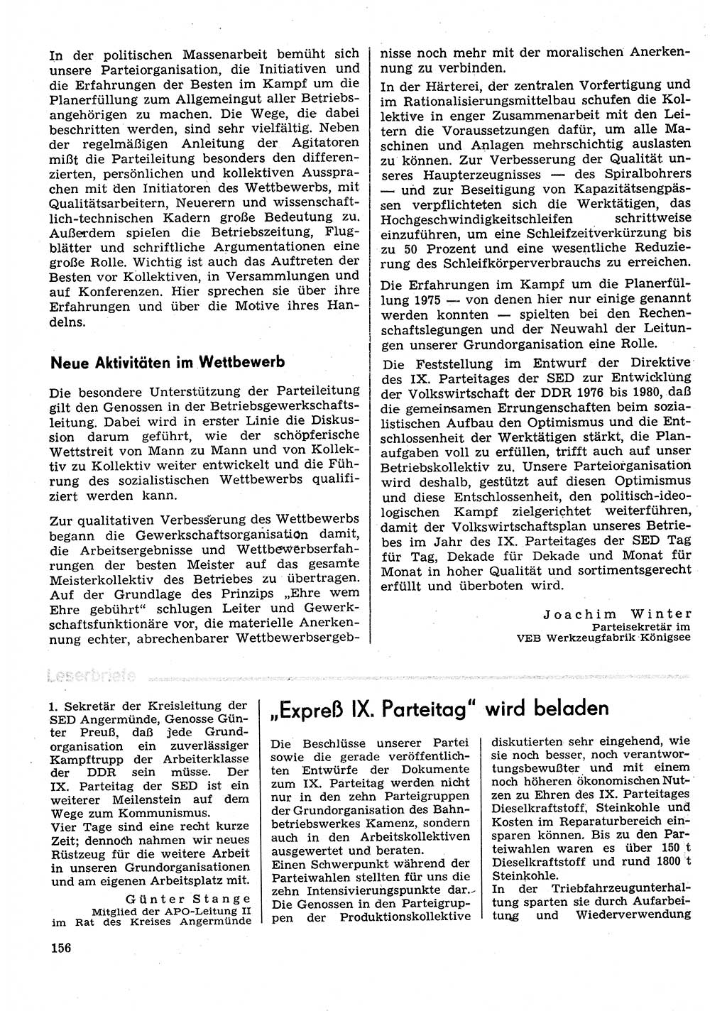 Neuer Weg (NW), Organ des Zentralkomitees (ZK) der SED (Sozialistische Einheitspartei Deutschlands) für Fragen des Parteilebens, 31. Jahrgang [Deutsche Demokratische Republik (DDR)] 1976, Seite 156 (NW ZK SED DDR 1976, S. 156)