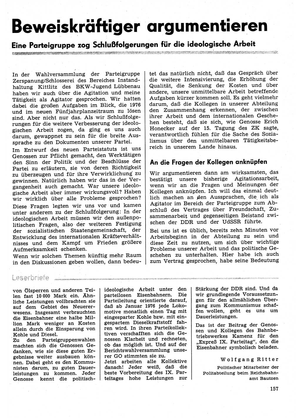 Neuer Weg (NW), Organ des Zentralkomitees (ZK) der SED (Sozialistische Einheitspartei Deutschlands) für Fragen des Parteilebens, 31. Jahrgang [Deutsche Demokratische Republik (DDR)] 1976, Seite 157 (NW ZK SED DDR 1976, S. 157)