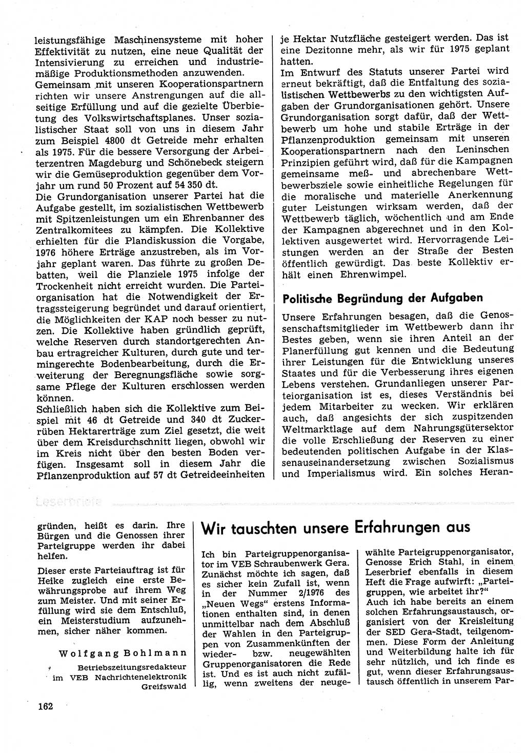 Neuer Weg (NW), Organ des Zentralkomitees (ZK) der SED (Sozialistische Einheitspartei Deutschlands) für Fragen des Parteilebens, 31. Jahrgang [Deutsche Demokratische Republik (DDR)] 1976, Seite 162 (NW ZK SED DDR 1976, S. 162)