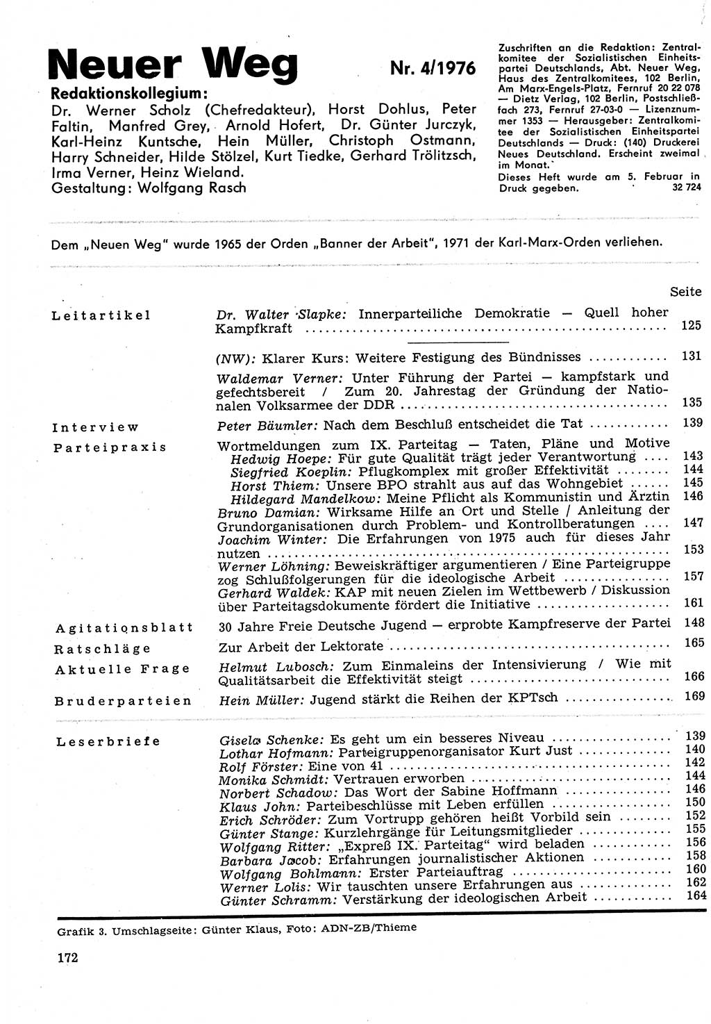 Neuer Weg (NW), Organ des Zentralkomitees (ZK) der SED (Sozialistische Einheitspartei Deutschlands) für Fragen des Parteilebens, 31. Jahrgang [Deutsche Demokratische Republik (DDR)] 1976, Seite 172 (NW ZK SED DDR 1976, S. 172)