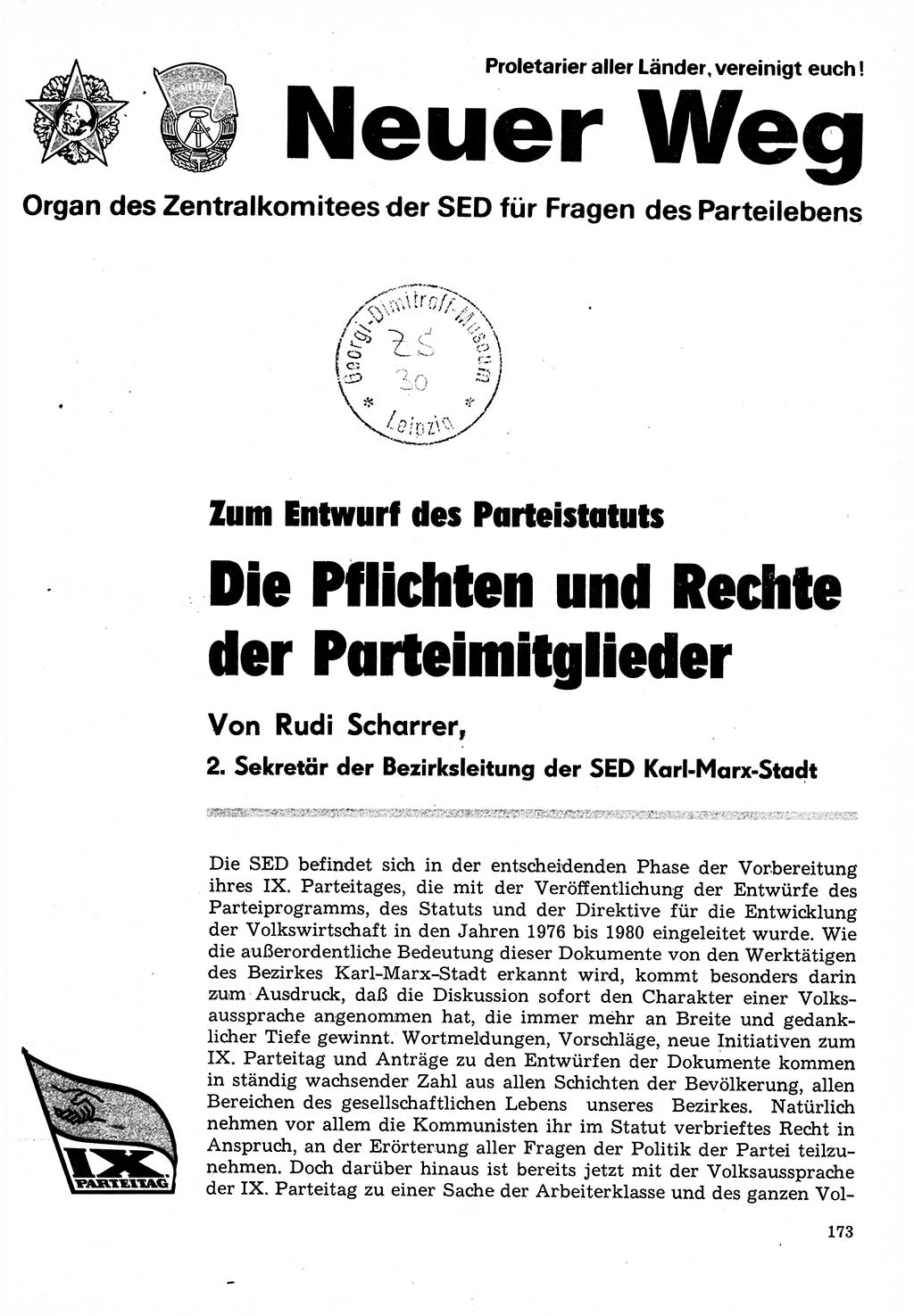 Neuer Weg (NW), Organ des Zentralkomitees (ZK) der SED (Sozialistische Einheitspartei Deutschlands) für Fragen des Parteilebens, 31. Jahrgang [Deutsche Demokratische Republik (DDR)] 1976, Seite 173 (NW ZK SED DDR 1976, S. 173)