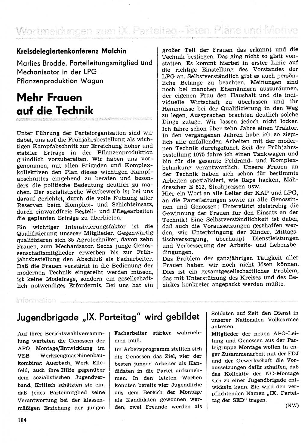 Neuer Weg (NW), Organ des Zentralkomitees (ZK) der SED (Sozialistische Einheitspartei Deutschlands) für Fragen des Parteilebens, 31. Jahrgang [Deutsche Demokratische Republik (DDR)] 1976, Seite 184 (NW ZK SED DDR 1976, S. 184)