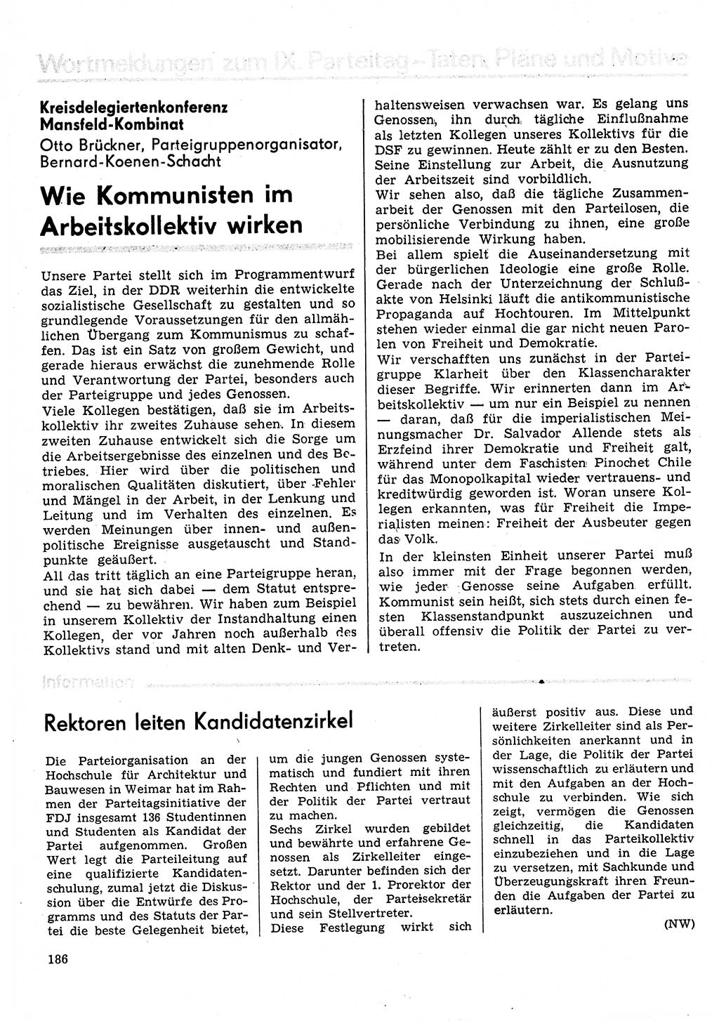 Neuer Weg (NW), Organ des Zentralkomitees (ZK) der SED (Sozialistische Einheitspartei Deutschlands) für Fragen des Parteilebens, 31. Jahrgang [Deutsche Demokratische Republik (DDR)] 1976, Seite 186 (NW ZK SED DDR 1976, S. 186)
