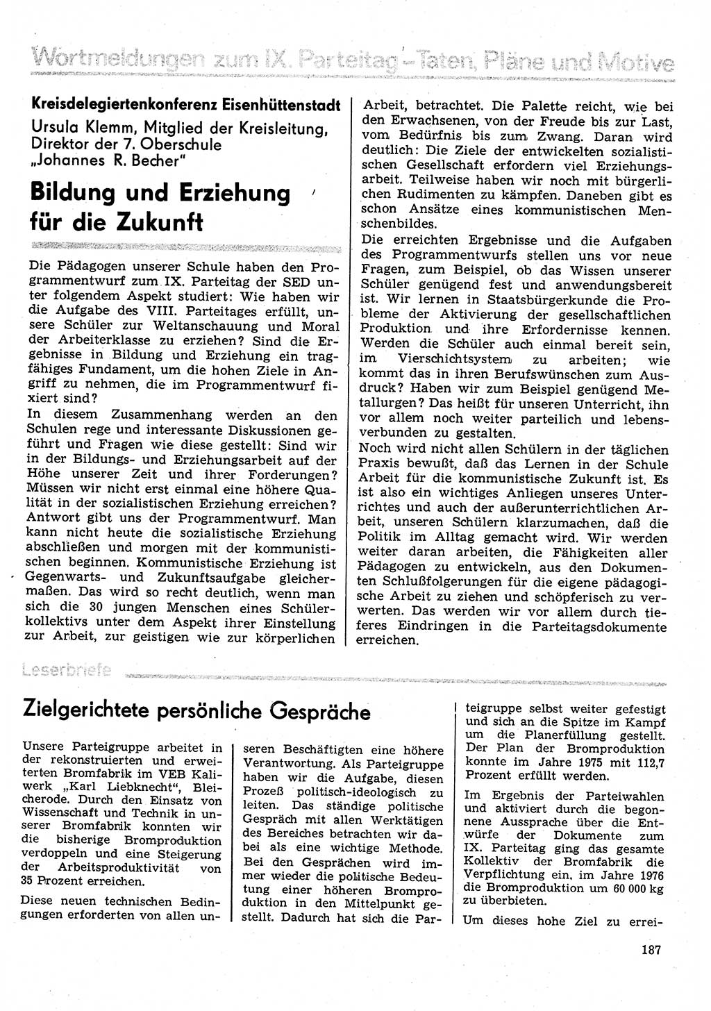 Neuer Weg (NW), Organ des Zentralkomitees (ZK) der SED (Sozialistische Einheitspartei Deutschlands) für Fragen des Parteilebens, 31. Jahrgang [Deutsche Demokratische Republik (DDR)] 1976, Seite 187 (NW ZK SED DDR 1976, S. 187)
