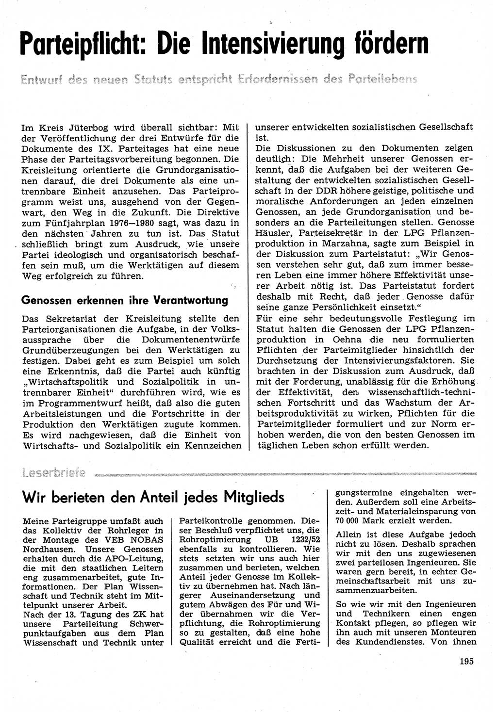 Neuer Weg (NW), Organ des Zentralkomitees (ZK) der SED (Sozialistische Einheitspartei Deutschlands) für Fragen des Parteilebens, 31. Jahrgang [Deutsche Demokratische Republik (DDR)] 1976, Seite 195 (NW ZK SED DDR 1976, S. 195)