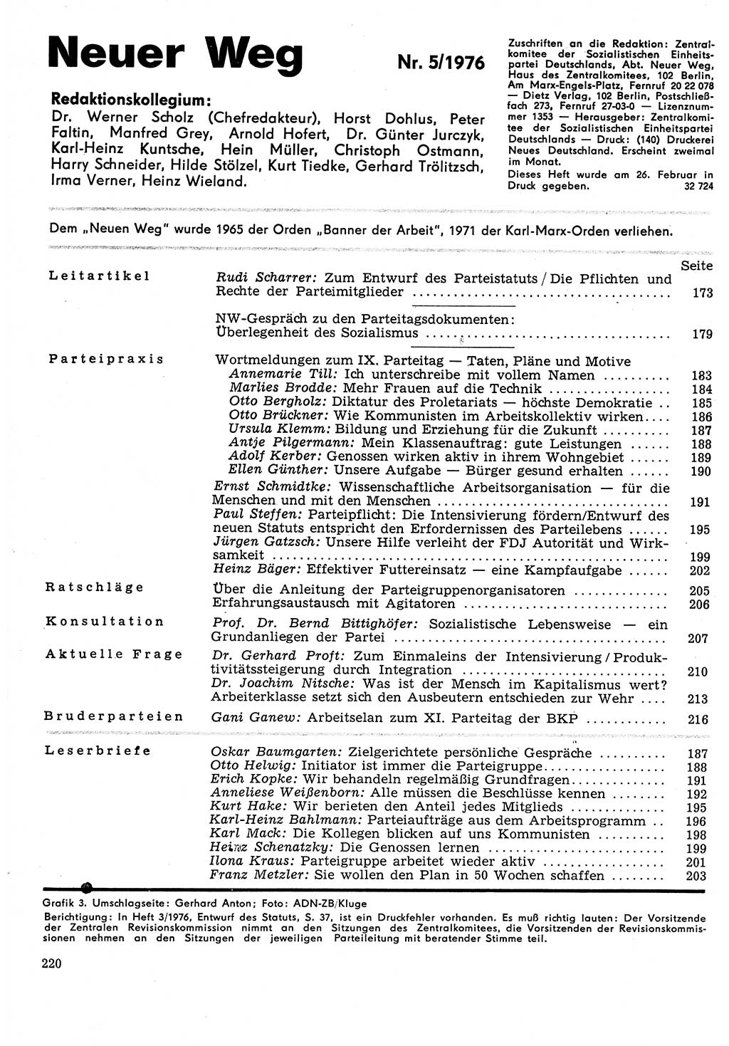 Neuer Weg (NW), Organ des Zentralkomitees (ZK) der SED (Sozialistische Einheitspartei Deutschlands) für Fragen des Parteilebens, 31. Jahrgang [Deutsche Demokratische Republik (DDR)] 1976, Seite 220 (NW ZK SED DDR 1976, S. 220)