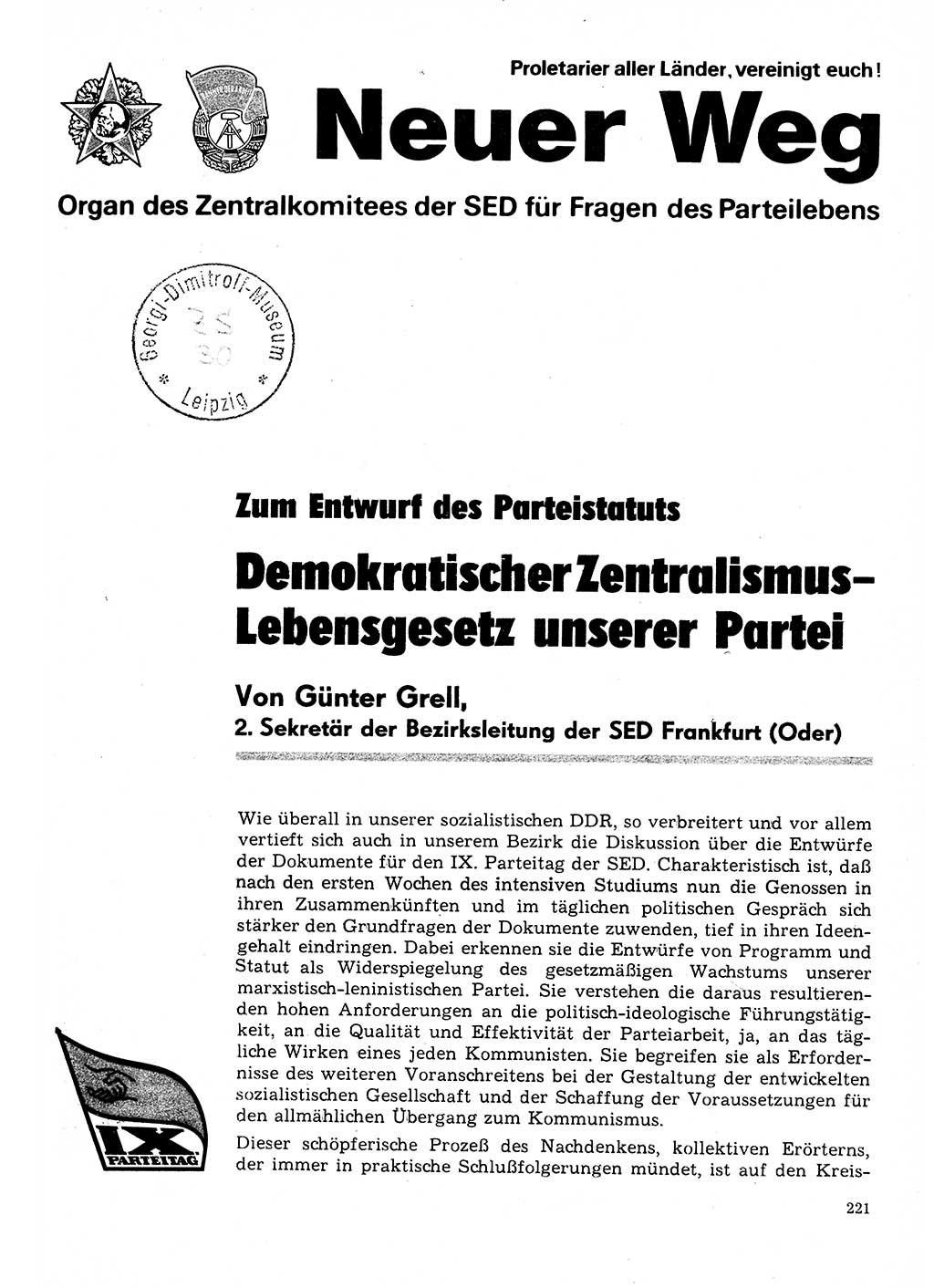 Neuer Weg (NW), Organ des Zentralkomitees (ZK) der SED (Sozialistische Einheitspartei Deutschlands) für Fragen des Parteilebens, 31. Jahrgang [Deutsche Demokratische Republik (DDR)] 1976, Seite 221 (NW ZK SED DDR 1976, S. 221)