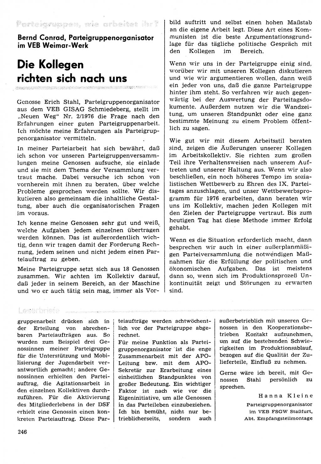 Neuer Weg (NW), Organ des Zentralkomitees (ZK) der SED (Sozialistische Einheitspartei Deutschlands) für Fragen des Parteilebens, 31. Jahrgang [Deutsche Demokratische Republik (DDR)] 1976, Seite 246 (NW ZK SED DDR 1976, S. 246)