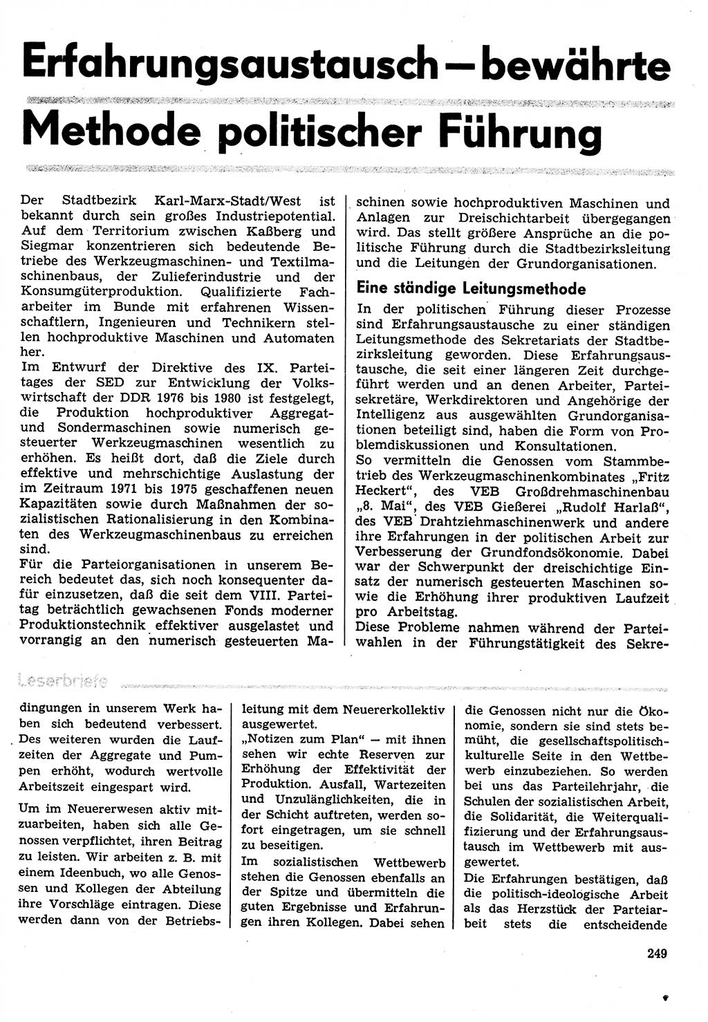 Neuer Weg (NW), Organ des Zentralkomitees (ZK) der SED (Sozialistische Einheitspartei Deutschlands) für Fragen des Parteilebens, 31. Jahrgang [Deutsche Demokratische Republik (DDR)] 1976, Seite 249 (NW ZK SED DDR 1976, S. 249)