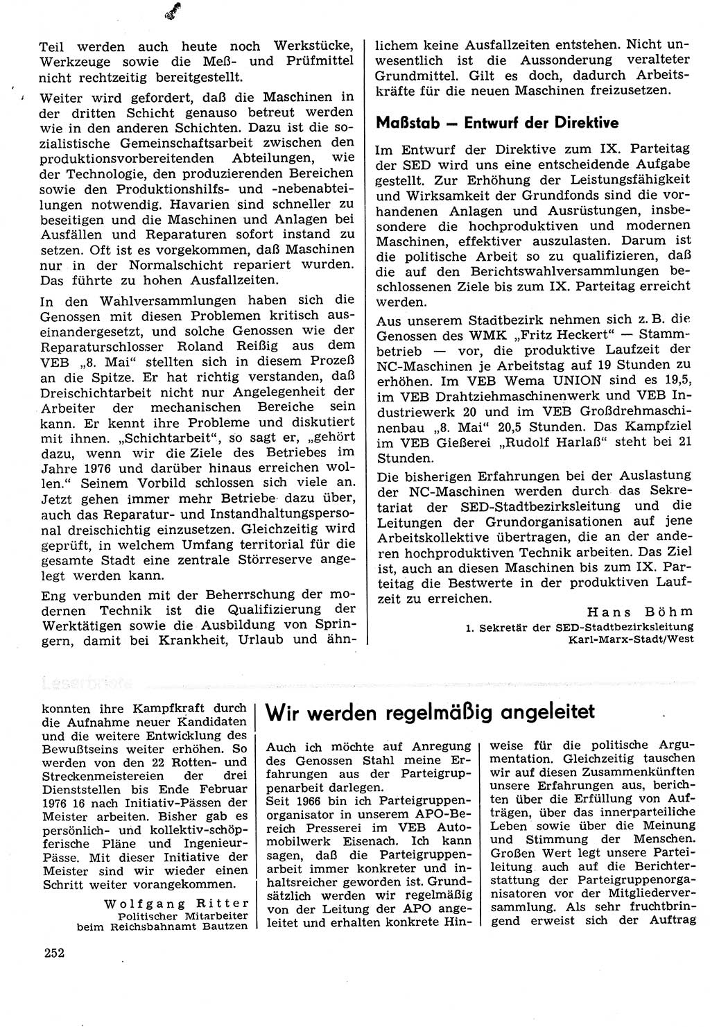 Neuer Weg (NW), Organ des Zentralkomitees (ZK) der SED (Sozialistische Einheitspartei Deutschlands) für Fragen des Parteilebens, 31. Jahrgang [Deutsche Demokratische Republik (DDR)] 1976, Seite 252 (NW ZK SED DDR 1976, S. 252)