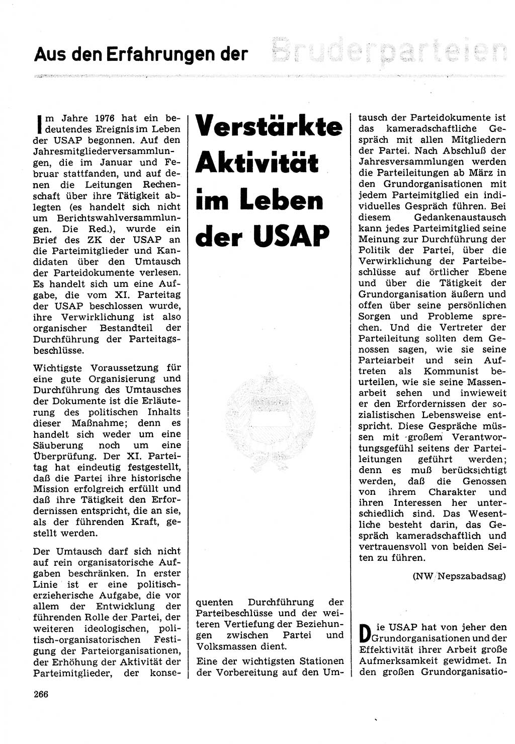 Neuer Weg (NW), Organ des Zentralkomitees (ZK) der SED (Sozialistische Einheitspartei Deutschlands) für Fragen des Parteilebens, 31. Jahrgang [Deutsche Demokratische Republik (DDR)] 1976, Seite 266 (NW ZK SED DDR 1976, S. 266)