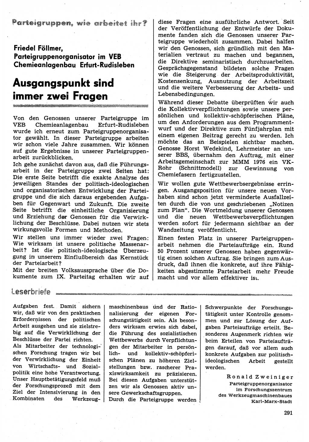 Neuer Weg (NW), Organ des Zentralkomitees (ZK) der SED (Sozialistische Einheitspartei Deutschlands) für Fragen des Parteilebens, 31. Jahrgang [Deutsche Demokratische Republik (DDR)] 1976, Seite 291 (NW ZK SED DDR 1976, S. 291)