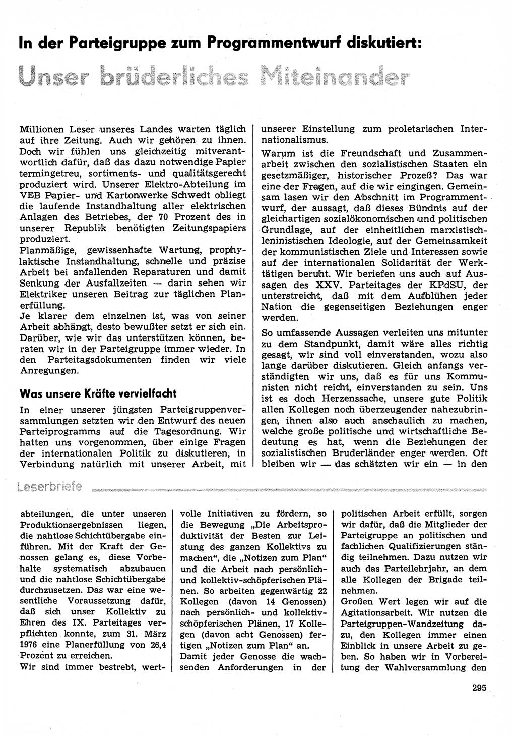 Neuer Weg (NW), Organ des Zentralkomitees (ZK) der SED (Sozialistische Einheitspartei Deutschlands) für Fragen des Parteilebens, 31. Jahrgang [Deutsche Demokratische Republik (DDR)] 1976, Seite 295 (NW ZK SED DDR 1976, S. 295)