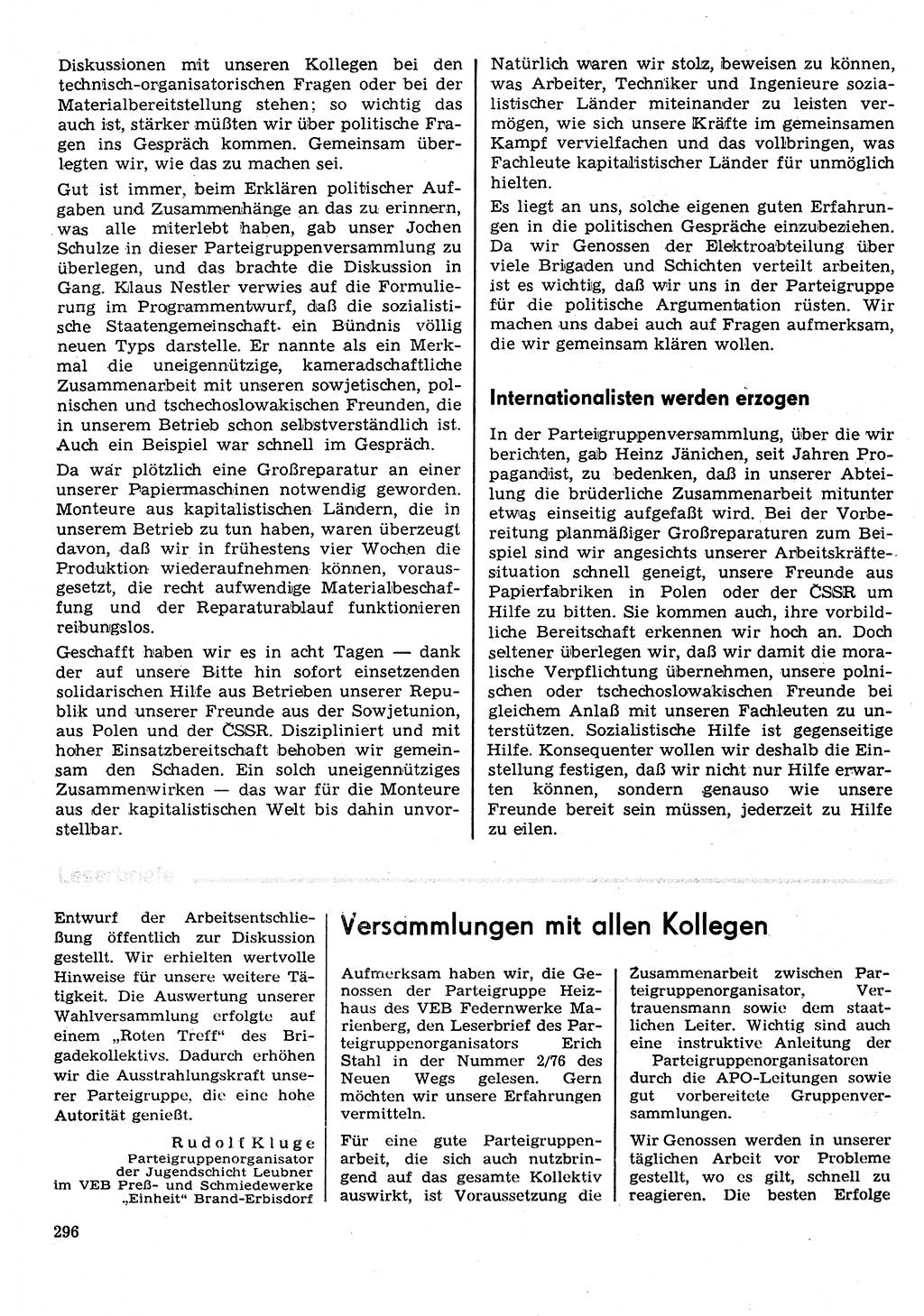 Neuer Weg (NW), Organ des Zentralkomitees (ZK) der SED (Sozialistische Einheitspartei Deutschlands) für Fragen des Parteilebens, 31. Jahrgang [Deutsche Demokratische Republik (DDR)] 1976, Seite 296 (NW ZK SED DDR 1976, S. 296)