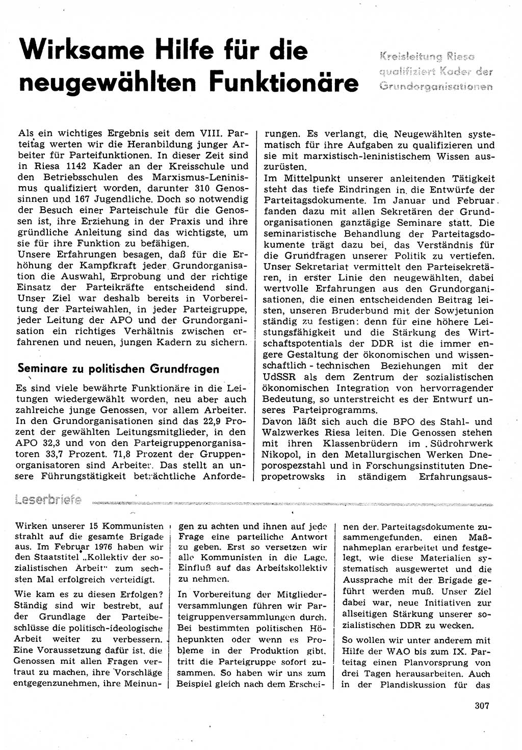 Neuer Weg (NW), Organ des Zentralkomitees (ZK) der SED (Sozialistische Einheitspartei Deutschlands) für Fragen des Parteilebens, 31. Jahrgang [Deutsche Demokratische Republik (DDR)] 1976, Seite 307 (NW ZK SED DDR 1976, S. 307)