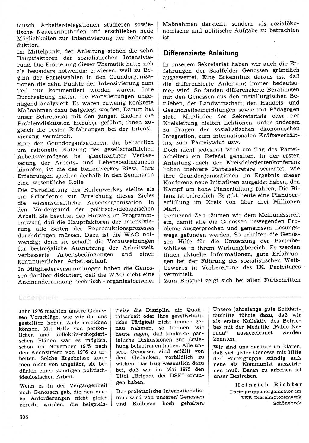 Neuer Weg (NW), Organ des Zentralkomitees (ZK) der SED (Sozialistische Einheitspartei Deutschlands) für Fragen des Parteilebens, 31. Jahrgang [Deutsche Demokratische Republik (DDR)] 1976, Seite 308 (NW ZK SED DDR 1976, S. 308)