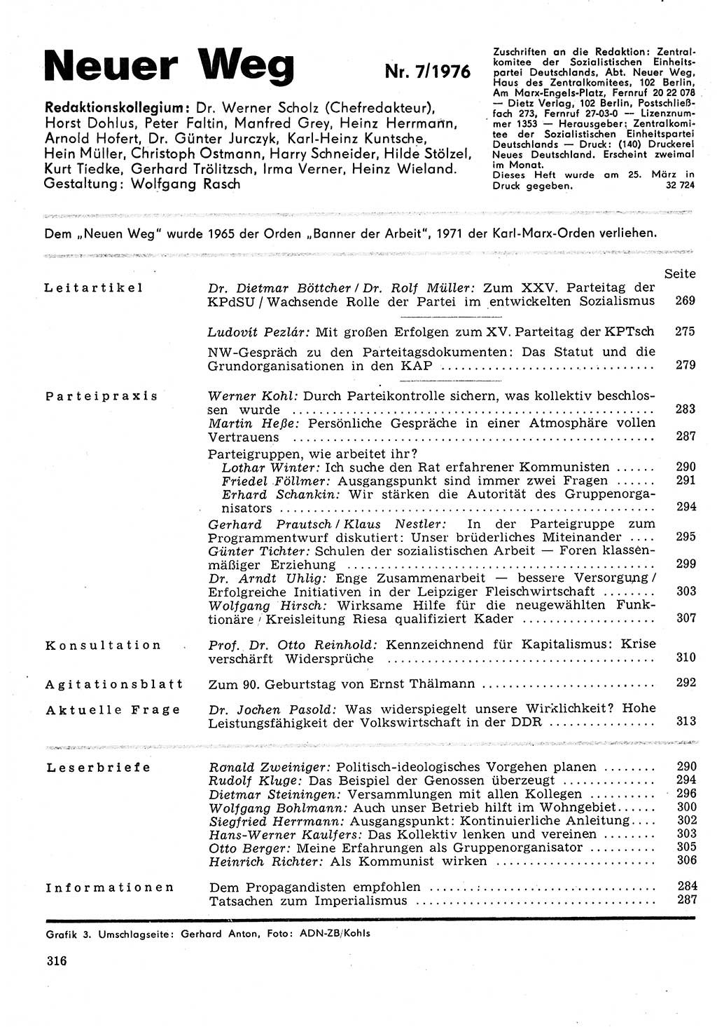 Neuer Weg (NW), Organ des Zentralkomitees (ZK) der SED (Sozialistische Einheitspartei Deutschlands) für Fragen des Parteilebens, 31. Jahrgang [Deutsche Demokratische Republik (DDR)] 1976, Seite 316 (NW ZK SED DDR 1976, S. 316)