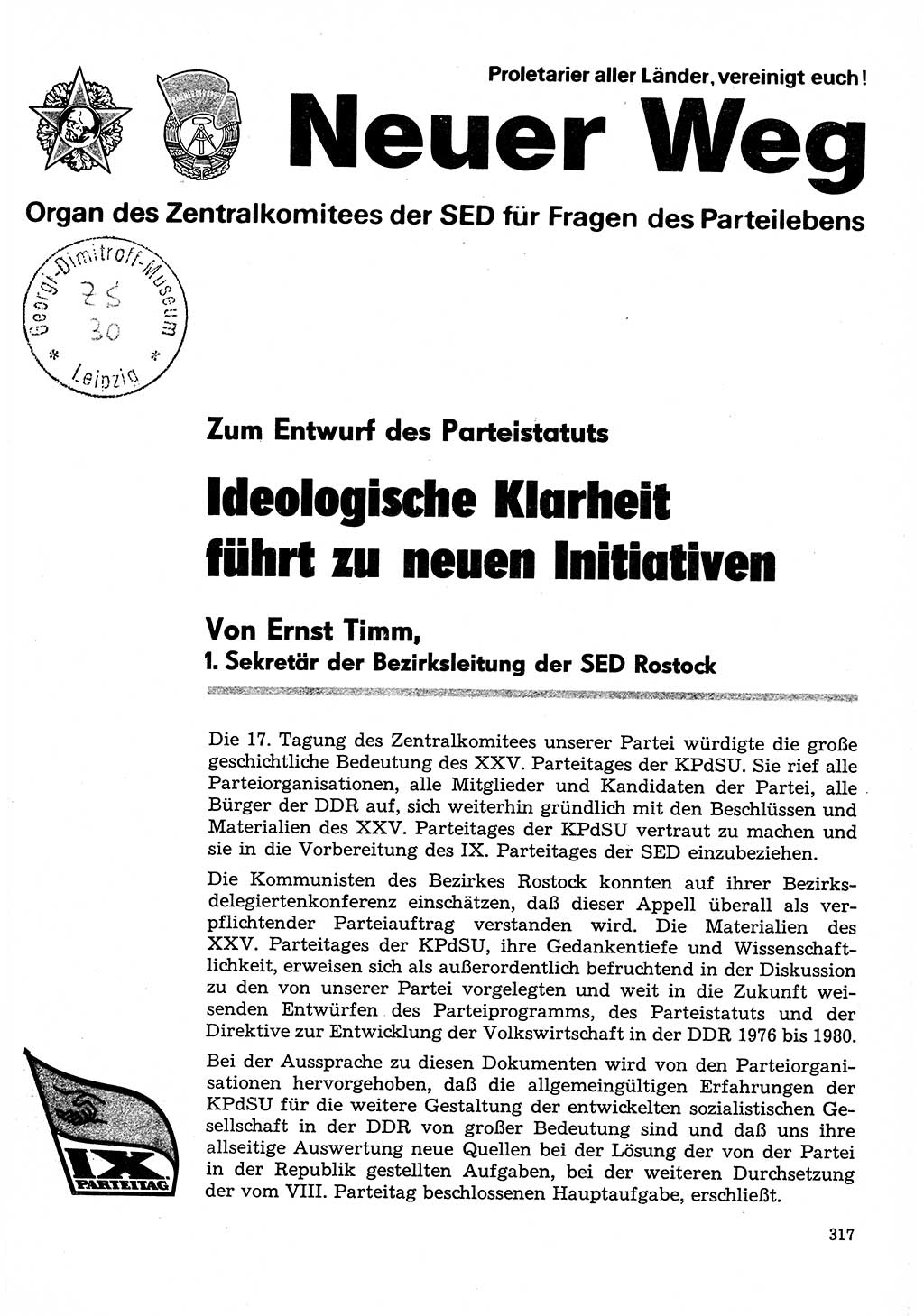 Neuer Weg (NW), Organ des Zentralkomitees (ZK) der SED (Sozialistische Einheitspartei Deutschlands) für Fragen des Parteilebens, 31. Jahrgang [Deutsche Demokratische Republik (DDR)] 1976, Seite 317 (NW ZK SED DDR 1976, S. 317)