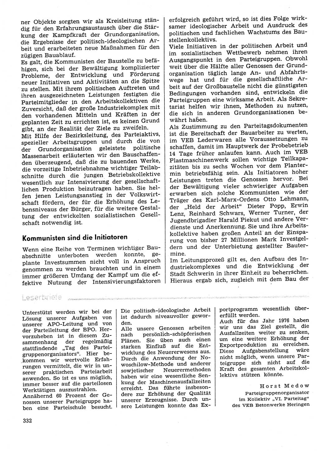 Neuer Weg (NW), Organ des Zentralkomitees (ZK) der SED (Sozialistische Einheitspartei Deutschlands) für Fragen des Parteilebens, 31. Jahrgang [Deutsche Demokratische Republik (DDR)] 1976, Seite 332 (NW ZK SED DDR 1976, S. 332)