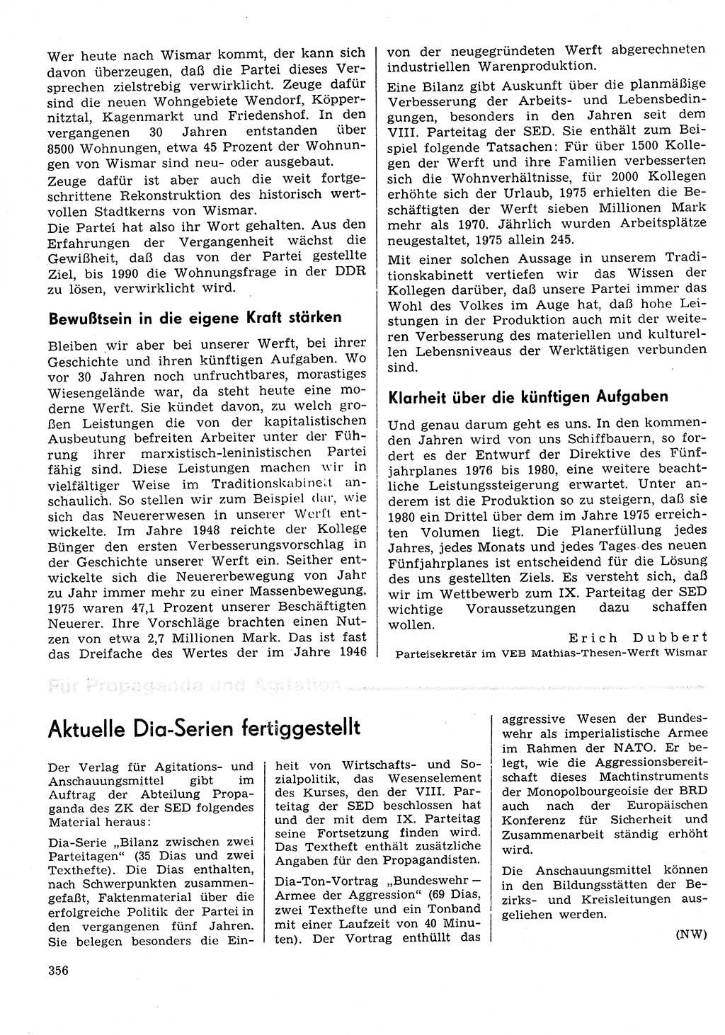 Neuer Weg (NW), Organ des Zentralkomitees (ZK) der SED (Sozialistische Einheitspartei Deutschlands) für Fragen des Parteilebens, 31. Jahrgang [Deutsche Demokratische Republik (DDR)] 1976, Seite 356 (NW ZK SED DDR 1976, S. 356)