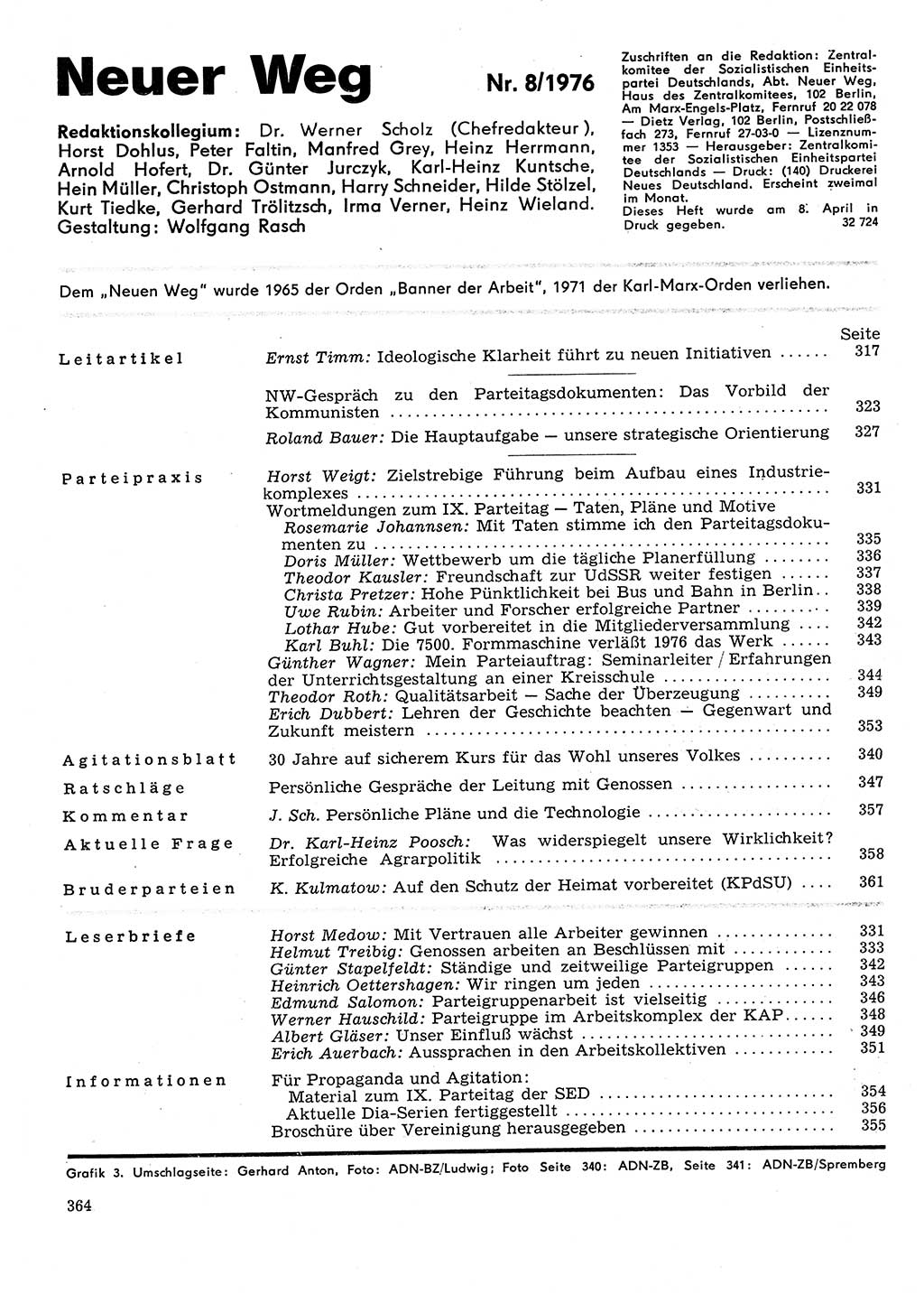 Neuer Weg (NW), Organ des Zentralkomitees (ZK) der SED (Sozialistische Einheitspartei Deutschlands) für Fragen des Parteilebens, 31. Jahrgang [Deutsche Demokratische Republik (DDR)] 1976, Seite 364 (NW ZK SED DDR 1976, S. 364)