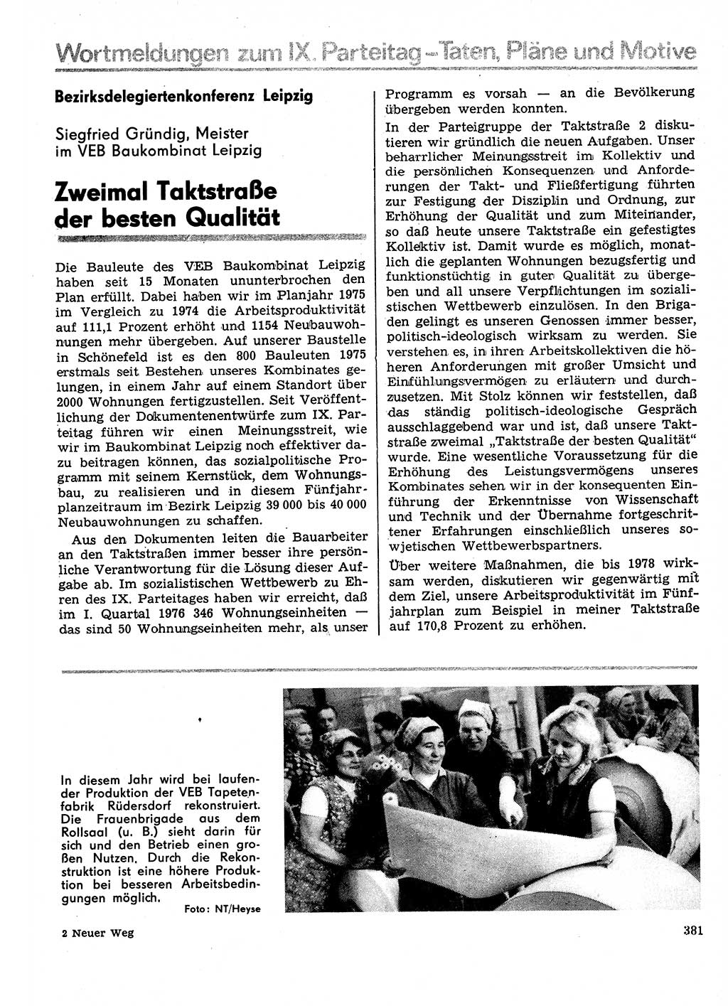 Neuer Weg (NW), Organ des Zentralkomitees (ZK) der SED (Sozialistische Einheitspartei Deutschlands) für Fragen des Parteilebens, 31. Jahrgang [Deutsche Demokratische Republik (DDR)] 1976, Seite 381 (NW ZK SED DDR 1976, S. 381)