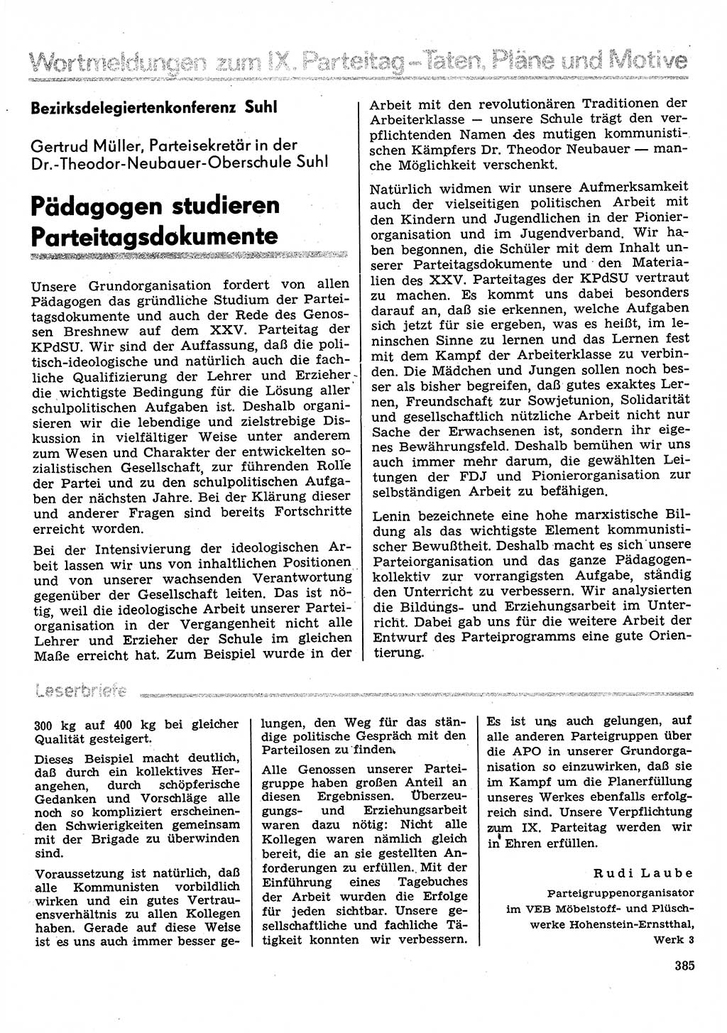 Neuer Weg (NW), Organ des Zentralkomitees (ZK) der SED (Sozialistische Einheitspartei Deutschlands) für Fragen des Parteilebens, 31. Jahrgang [Deutsche Demokratische Republik (DDR)] 1976, Seite 385 (NW ZK SED DDR 1976, S. 385)
