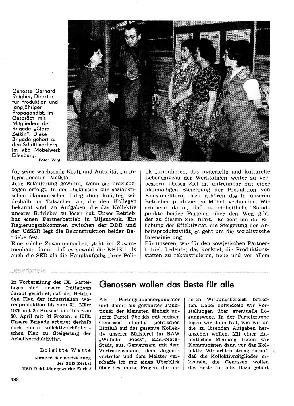 Neuer Weg (NW), Organ des Zentralkomitees (ZK) der SED (Sozialistische Einheitspartei Deutschlands) für Fragen des Parteilebens, 31. Jahrgang [Deutsche Demokratische Republik (DDR)] 1976, Seite 388 (NW ZK SED DDR 1976, S. 388)