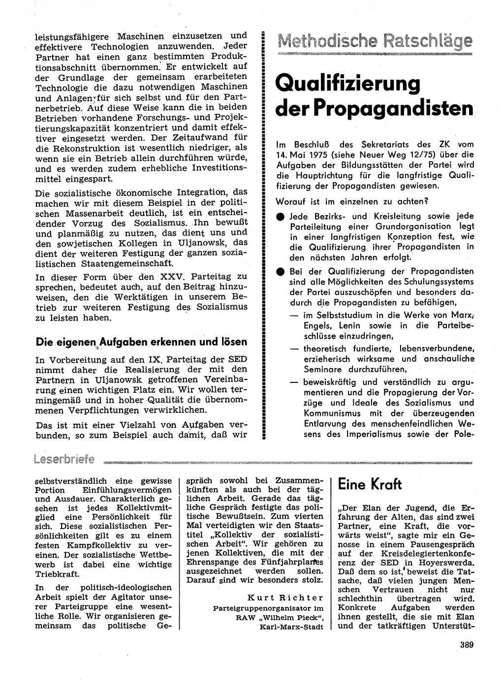 Neuer Weg (NW), Organ des Zentralkomitees (ZK) der SED (Sozialistische Einheitspartei Deutschlands) für Fragen des Parteilebens, 31. Jahrgang [Deutsche Demokratische Republik (DDR)] 1976, Seite 389 (NW ZK SED DDR 1976, S. 389)