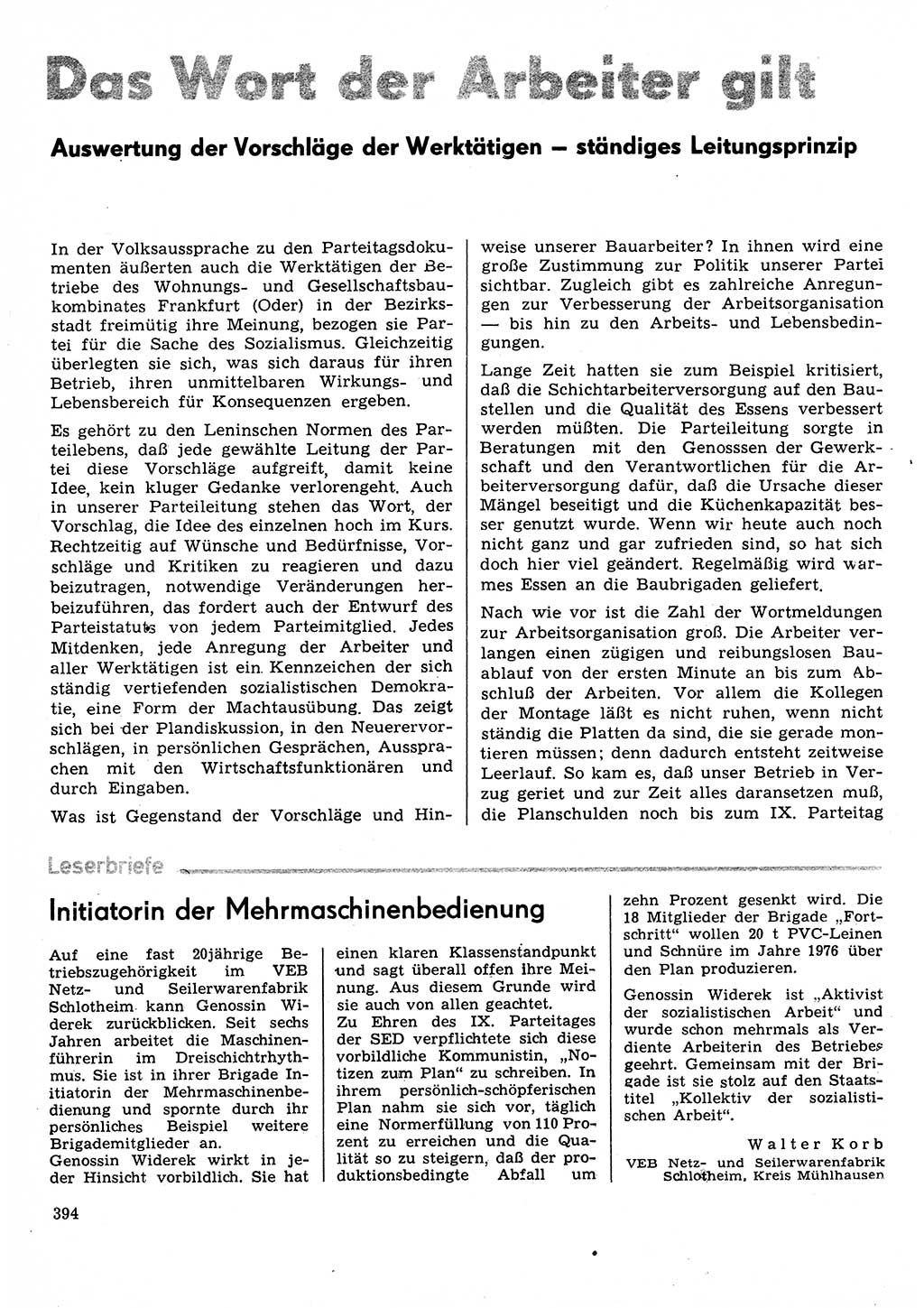 Neuer Weg (NW), Organ des Zentralkomitees (ZK) der SED (Sozialistische Einheitspartei Deutschlands) für Fragen des Parteilebens, 31. Jahrgang [Deutsche Demokratische Republik (DDR)] 1976, Seite 394 (NW ZK SED DDR 1976, S. 394)