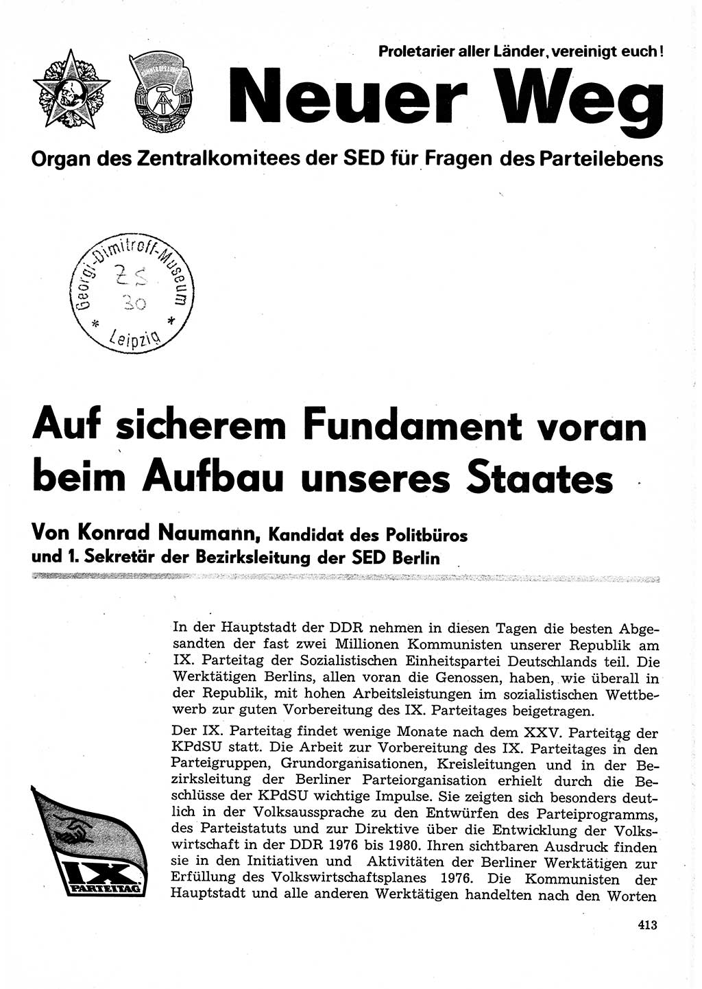 Neuer Weg (NW), Organ des Zentralkomitees (ZK) der SED (Sozialistische Einheitspartei Deutschlands) für Fragen des Parteilebens, 31. Jahrgang [Deutsche Demokratische Republik (DDR)] 1976, Seite 413 (NW ZK SED DDR 1976, S. 413)