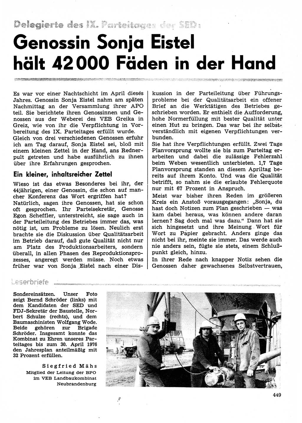 Neuer Weg (NW), Organ des Zentralkomitees (ZK) der SED (Sozialistische Einheitspartei Deutschlands) für Fragen des Parteilebens, 31. Jahrgang [Deutsche Demokratische Republik (DDR)] 1976, Seite 449 (NW ZK SED DDR 1976, S. 449)