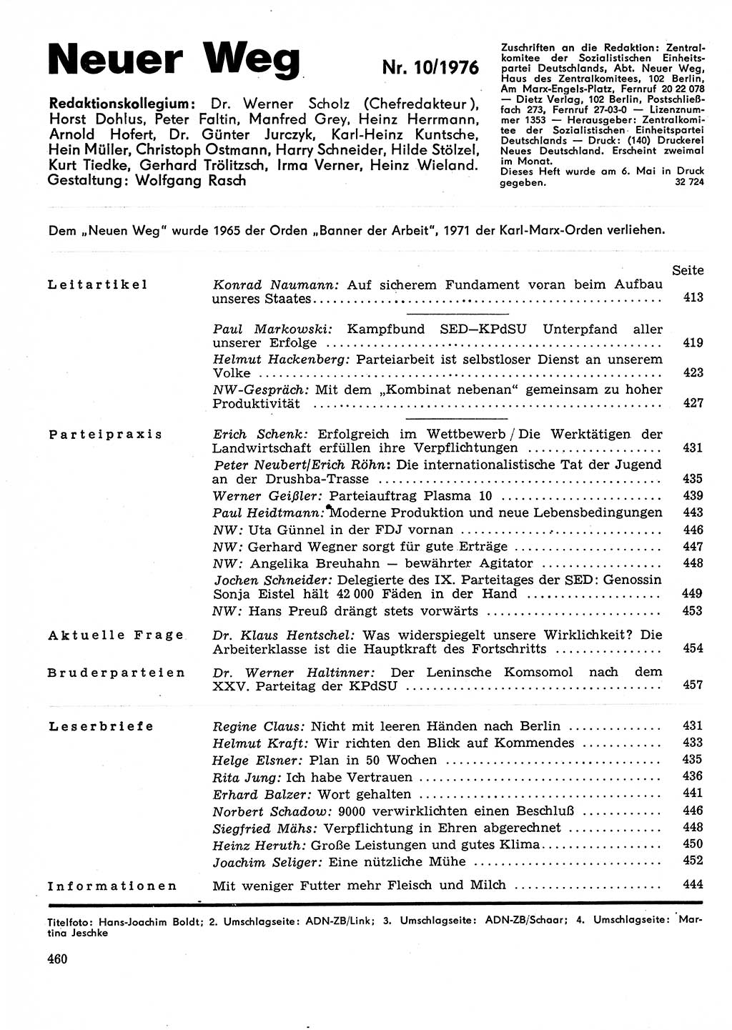 Neuer Weg (NW), Organ des Zentralkomitees (ZK) der SED (Sozialistische Einheitspartei Deutschlands) für Fragen des Parteilebens, 31. Jahrgang [Deutsche Demokratische Republik (DDR)] 1976, Seite 460 (NW ZK SED DDR 1976, S. 460)