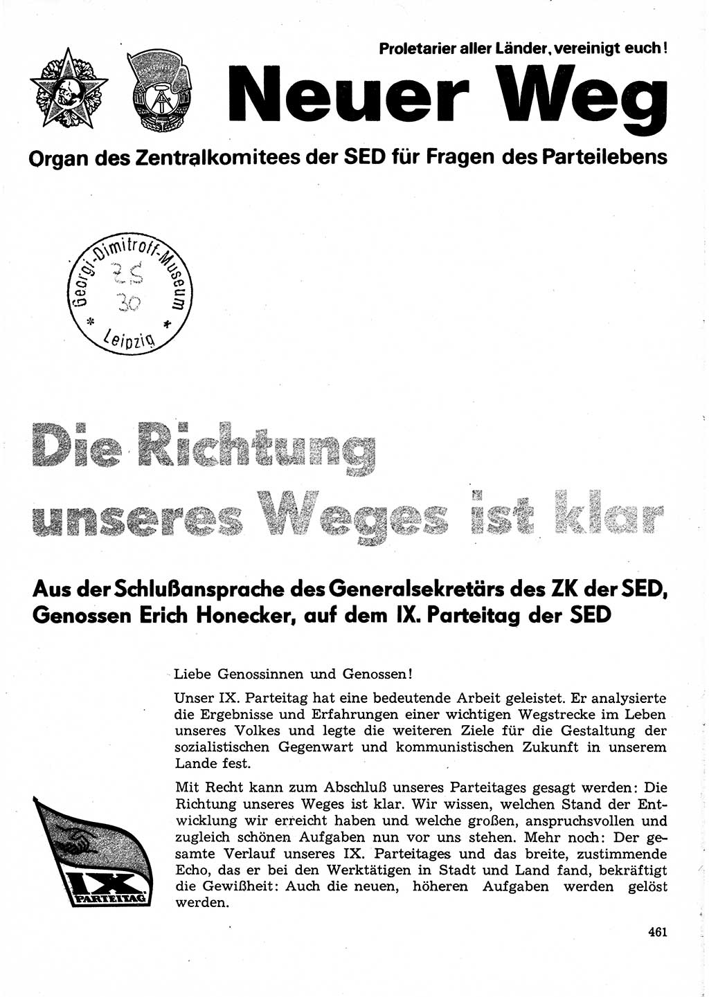 Neuer Weg (NW), Organ des Zentralkomitees (ZK) der SED (Sozialistische Einheitspartei Deutschlands) für Fragen des Parteilebens, 31. Jahrgang [Deutsche Demokratische Republik (DDR)] 1976, Seite 461 (NW ZK SED DDR 1976, S. 461)