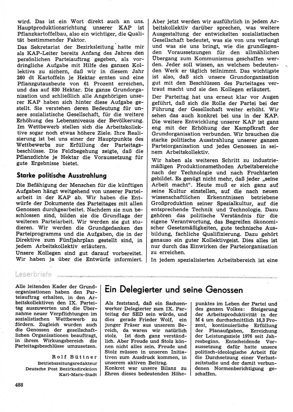 Neuer Weg (NW), Organ des Zentralkomitees (ZK) der SED (Sozialistische Einheitspartei Deutschlands) für Fragen des Parteilebens, 31. Jahrgang [Deutsche Demokratische Republik (DDR)] 1976, Seite 488 (NW ZK SED DDR 1976, S. 488)