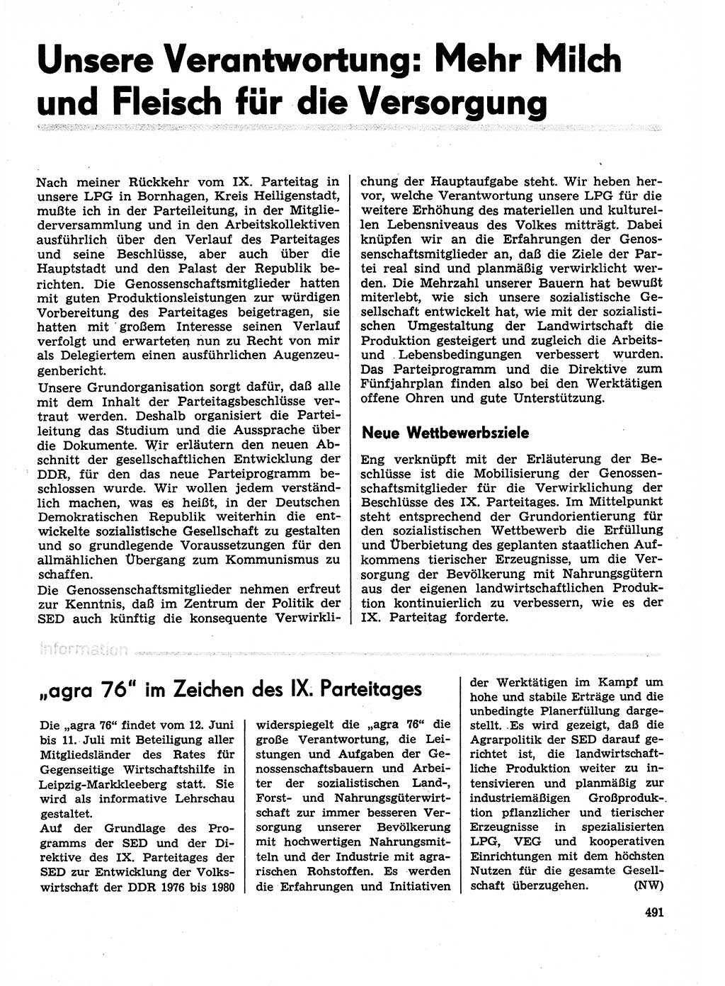 Neuer Weg (NW), Organ des Zentralkomitees (ZK) der SED (Sozialistische Einheitspartei Deutschlands) für Fragen des Parteilebens, 31. Jahrgang [Deutsche Demokratische Republik (DDR)] 1976, Seite 491 (NW ZK SED DDR 1976, S. 491)