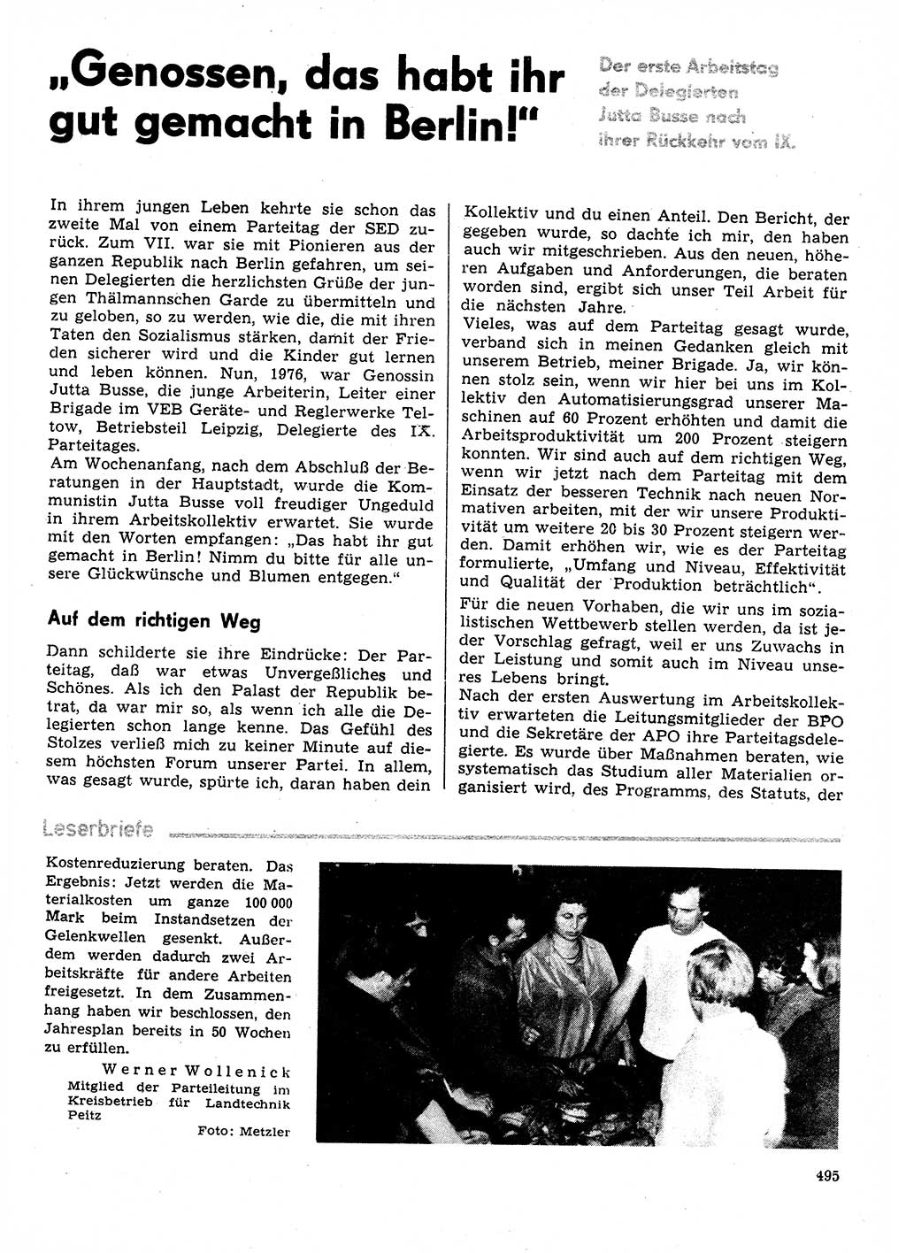 Neuer Weg (NW), Organ des Zentralkomitees (ZK) der SED (Sozialistische Einheitspartei Deutschlands) für Fragen des Parteilebens, 31. Jahrgang [Deutsche Demokratische Republik (DDR)] 1976, Seite 495 (NW ZK SED DDR 1976, S. 495)