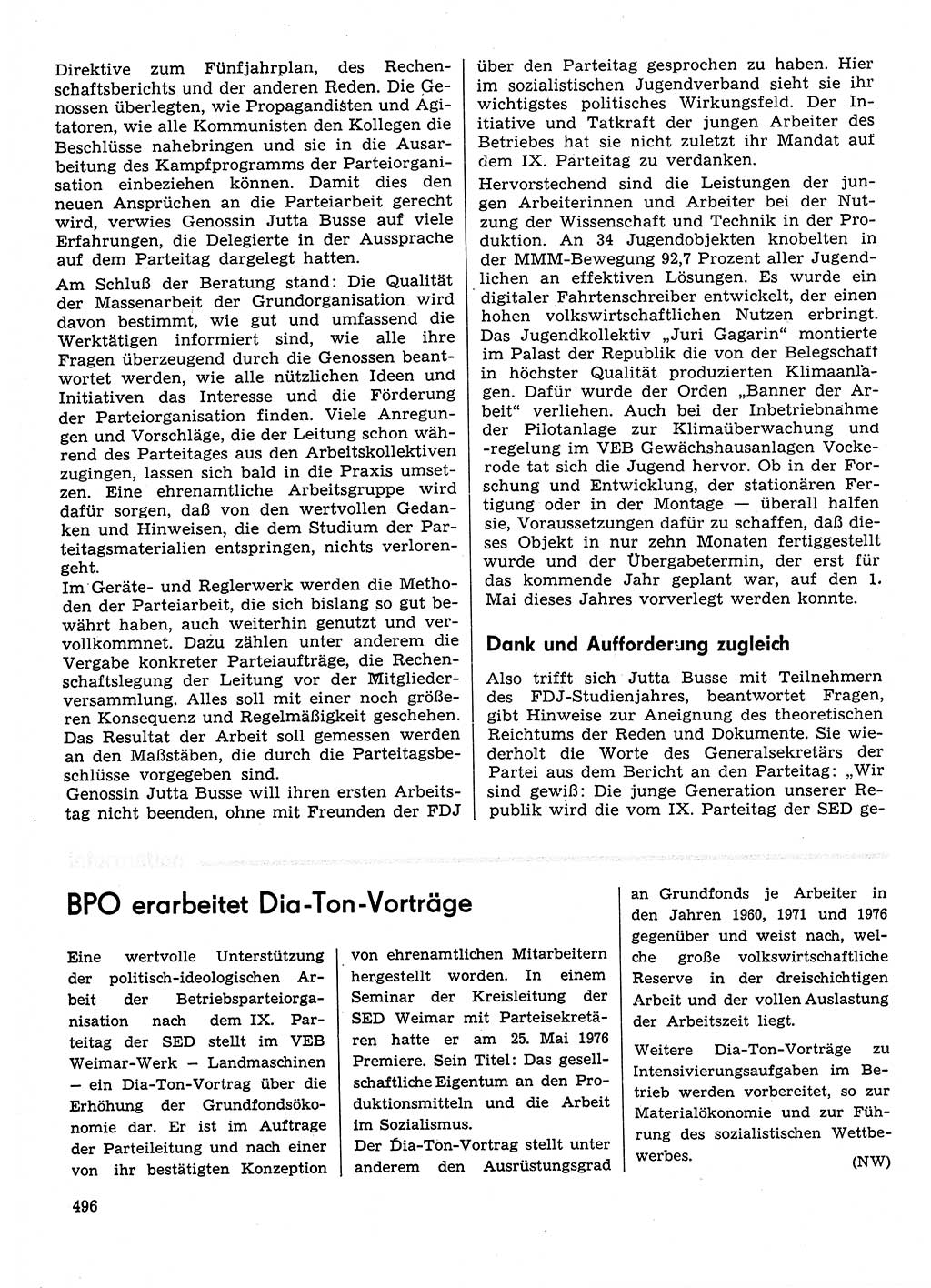 Neuer Weg (NW), Organ des Zentralkomitees (ZK) der SED (Sozialistische Einheitspartei Deutschlands) für Fragen des Parteilebens, 31. Jahrgang [Deutsche Demokratische Republik (DDR)] 1976, Seite 496 (NW ZK SED DDR 1976, S. 496)