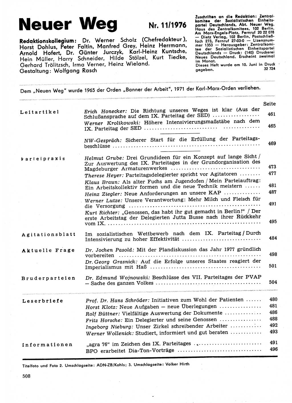 Neuer Weg (NW), Organ des Zentralkomitees (ZK) der SED (Sozialistische Einheitspartei Deutschlands) für Fragen des Parteilebens, 31. Jahrgang [Deutsche Demokratische Republik (DDR)] 1976, Seite 508 (NW ZK SED DDR 1976, S. 508)