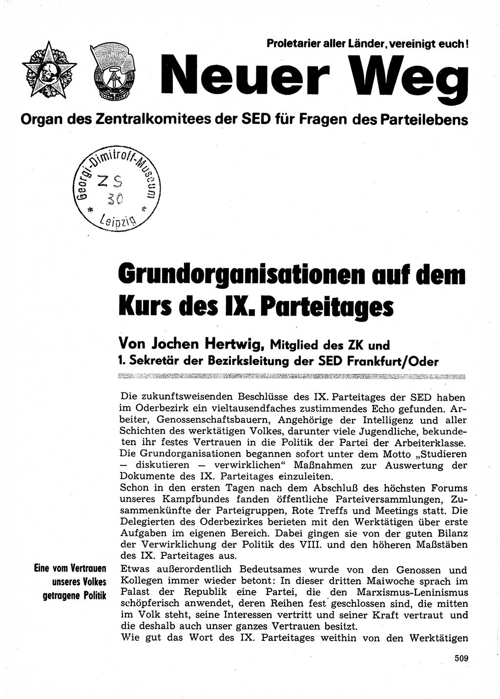 Neuer Weg (NW), Organ des Zentralkomitees (ZK) der SED (Sozialistische Einheitspartei Deutschlands) für Fragen des Parteilebens, 31. Jahrgang [Deutsche Demokratische Republik (DDR)] 1976, Seite 509 (NW ZK SED DDR 1976, S. 509)