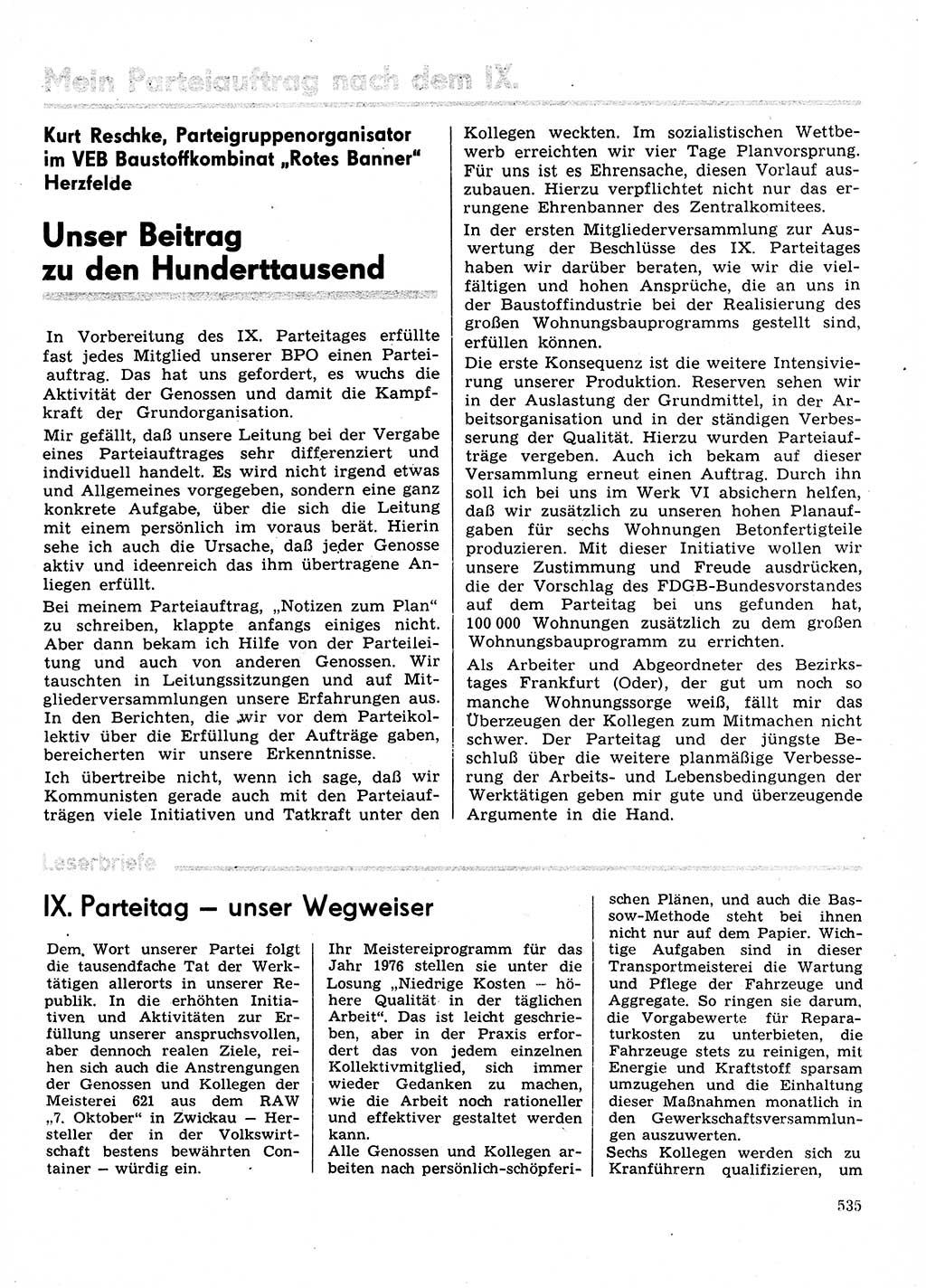 Neuer Weg (NW), Organ des Zentralkomitees (ZK) der SED (Sozialistische Einheitspartei Deutschlands) für Fragen des Parteilebens, 31. Jahrgang [Deutsche Demokratische Republik (DDR)] 1976, Seite 535 (NW ZK SED DDR 1976, S. 535)