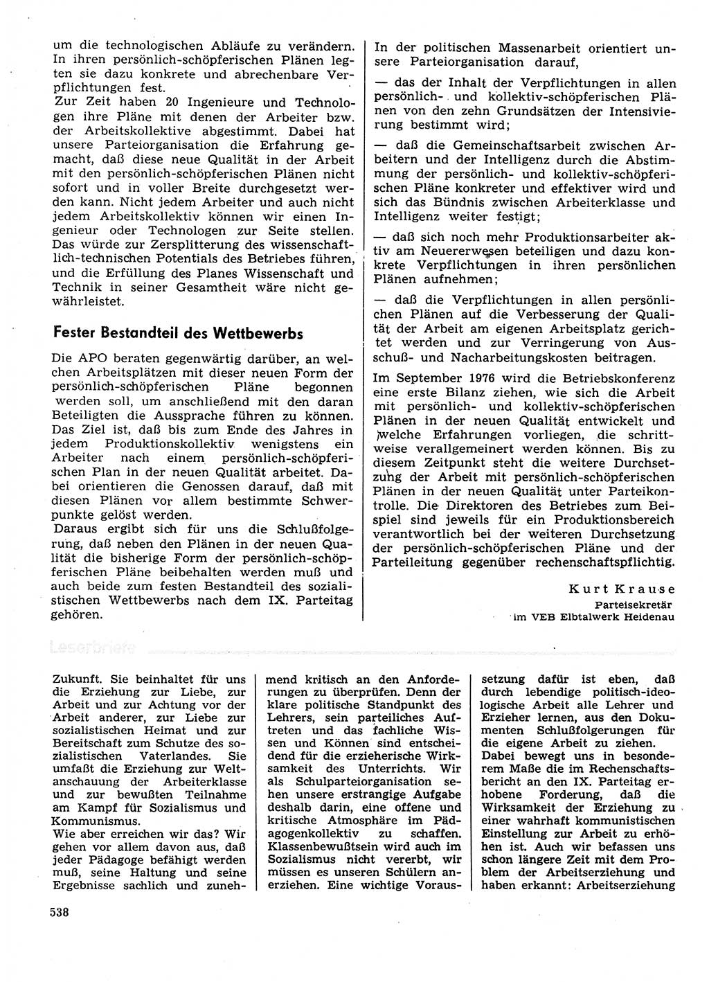 Neuer Weg (NW), Organ des Zentralkomitees (ZK) der SED (Sozialistische Einheitspartei Deutschlands) für Fragen des Parteilebens, 31. Jahrgang [Deutsche Demokratische Republik (DDR)] 1976, Seite 538 (NW ZK SED DDR 1976, S. 538)
