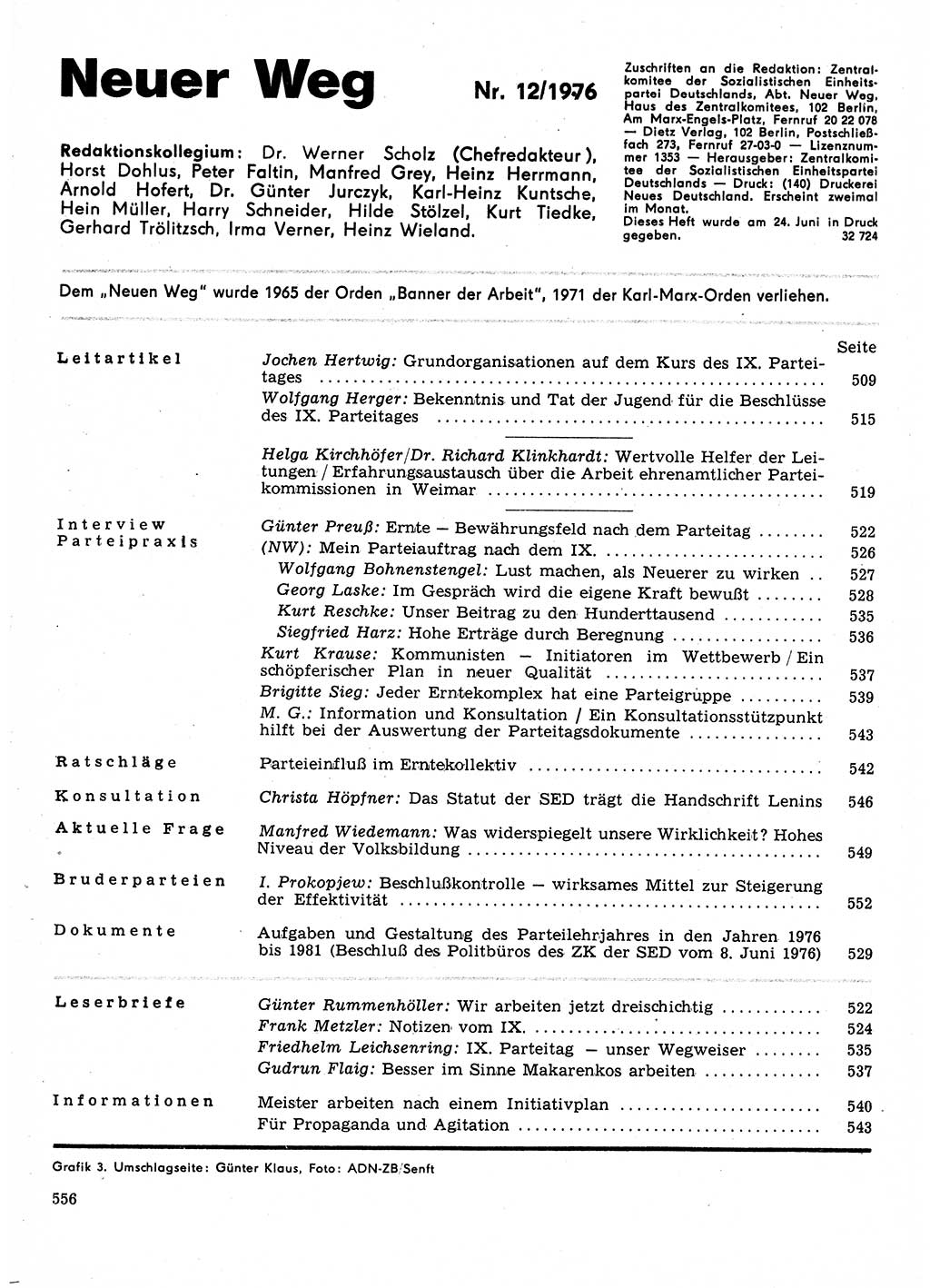 Neuer Weg (NW), Organ des Zentralkomitees (ZK) der SED (Sozialistische Einheitspartei Deutschlands) für Fragen des Parteilebens, 31. Jahrgang [Deutsche Demokratische Republik (DDR)] 1976, Seite 556 (NW ZK SED DDR 1976, S. 556)