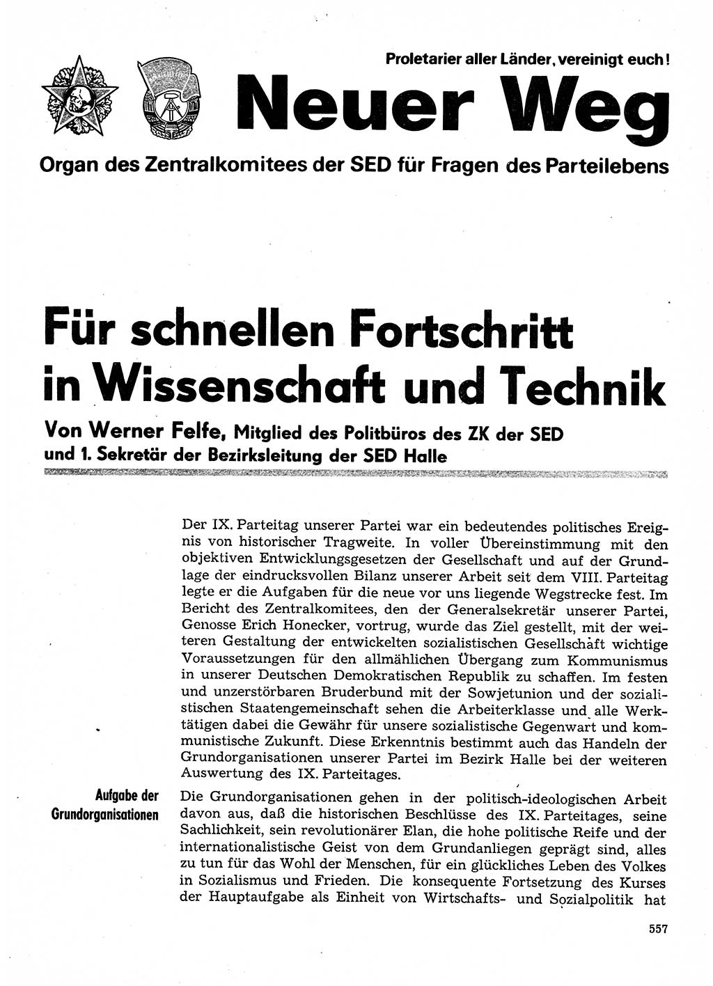 Neuer Weg (NW), Organ des Zentralkomitees (ZK) der SED (Sozialistische Einheitspartei Deutschlands) für Fragen des Parteilebens, 31. Jahrgang [Deutsche Demokratische Republik (DDR)] 1976, Seite 557 (NW ZK SED DDR 1976, S. 557)